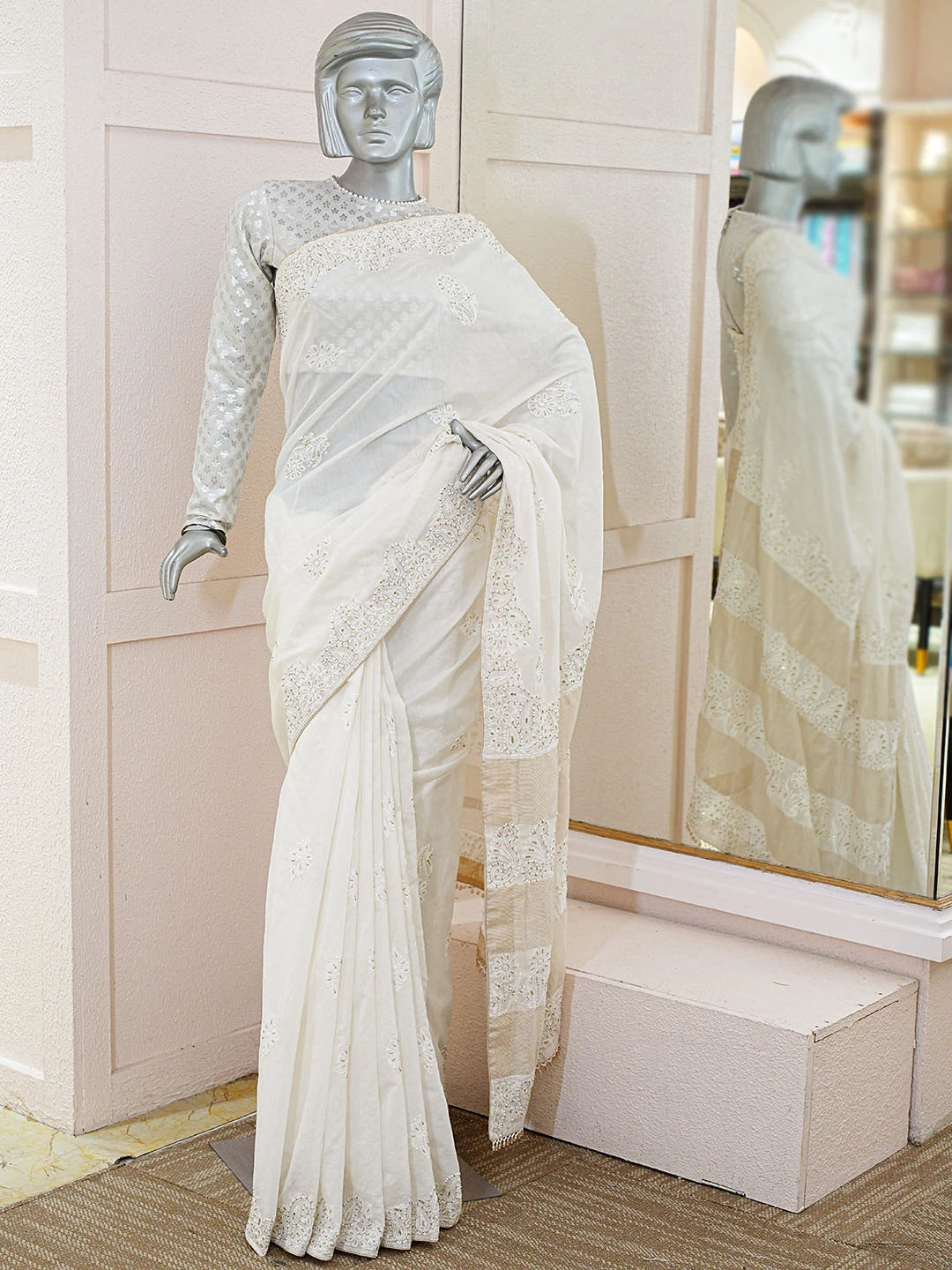 Ada Hand Embroidered White Chanderi Lucknowi Chikankari Saree and Blouse With Cutdana Work 01A820344