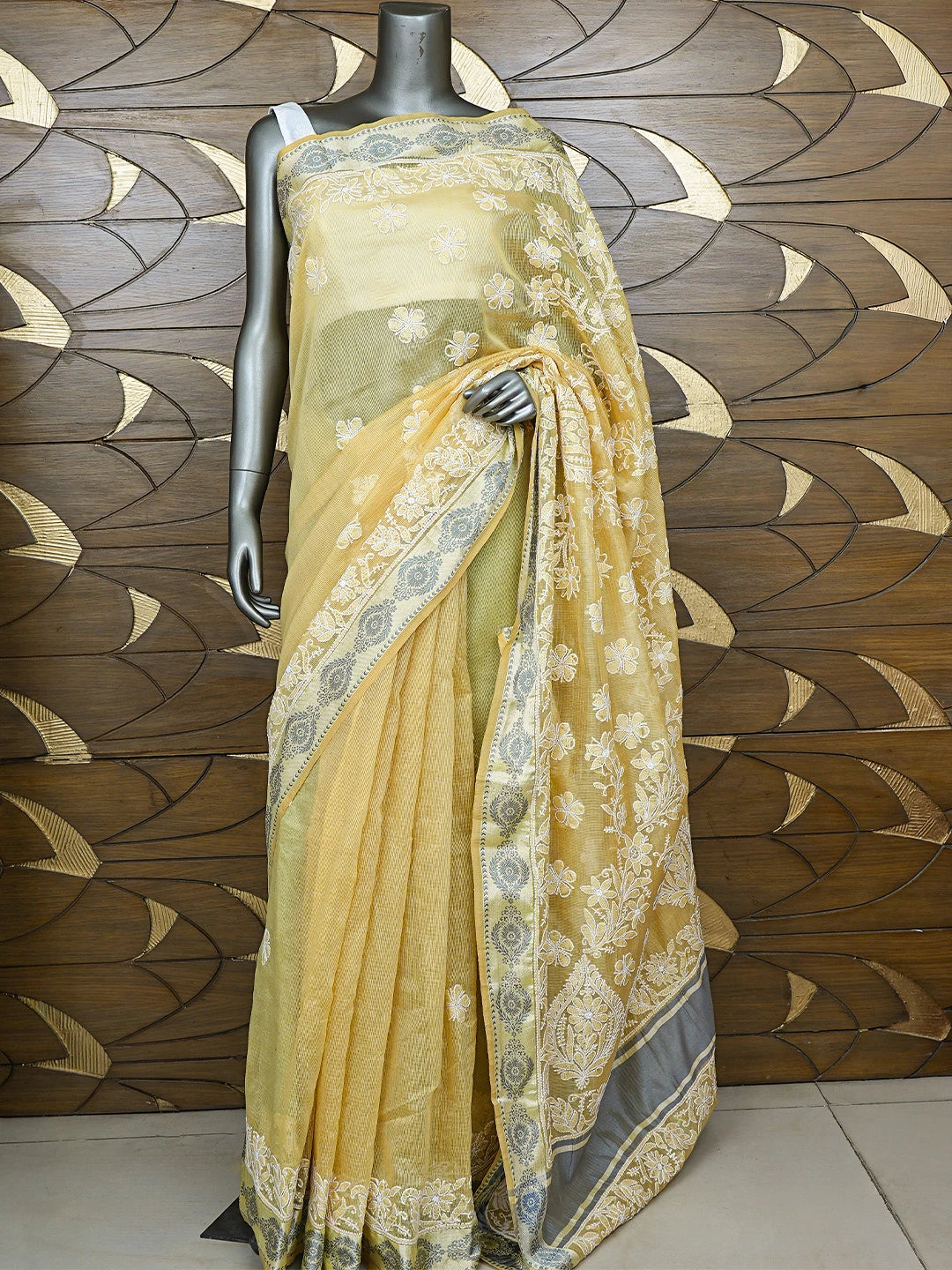 Ada Hand Embroidered Fawn Chanderi Lucknowi Chikankari Saree With Blouse 01A857756