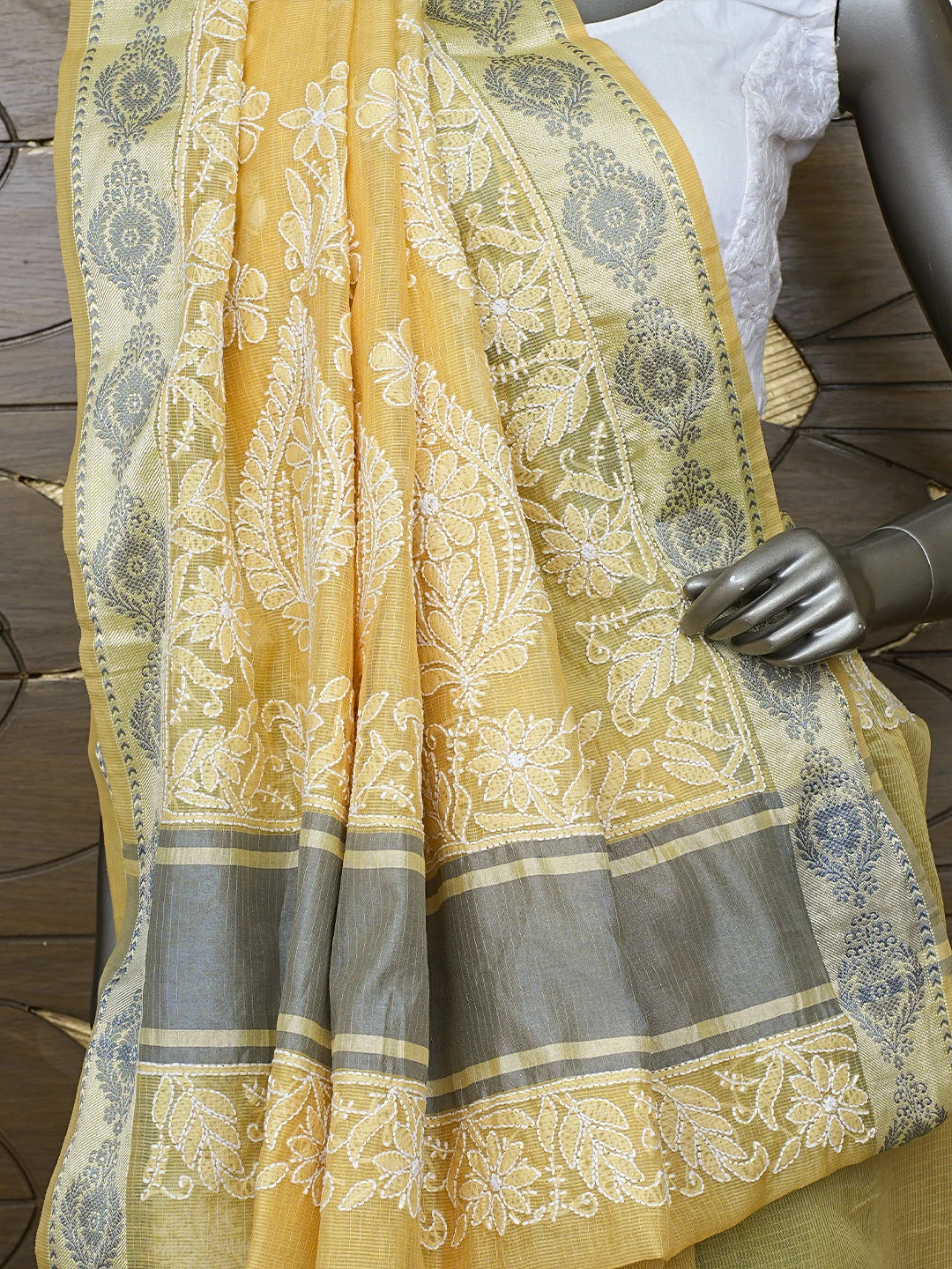 Ada Hand Embroidered Fawn Chanderi Lucknowi Chikankari Saree With Blouse 01A857756