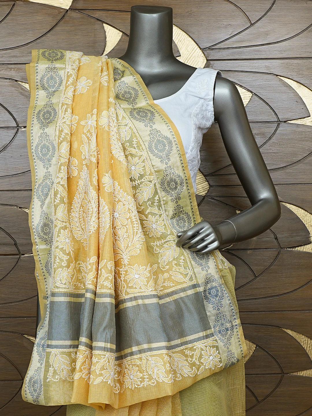 Ada Hand Embroidered Fawn Chanderi Lucknowi Chikankari Saree With Blouse 01A857756