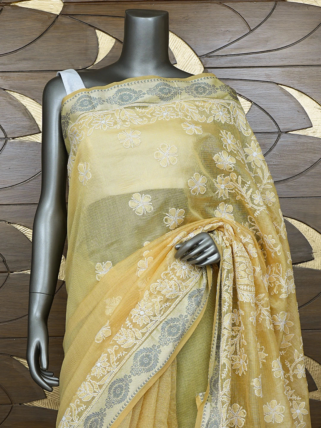 Ada Hand Embroidered Fawn Chanderi Lucknowi Chikankari Saree With Blouse 01A857756