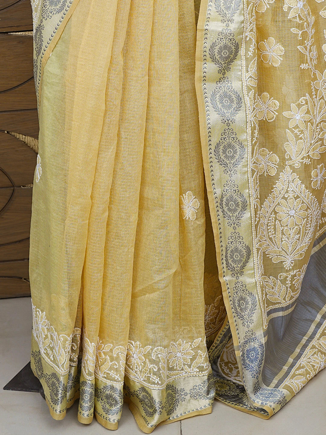 Ada Hand Embroidered Fawn Chanderi Lucknowi Chikankari Saree With Blouse 01A857756