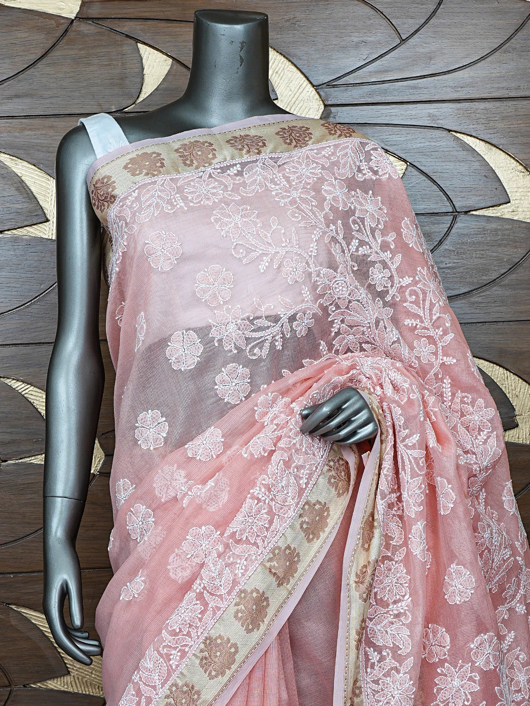 Ada Hand Embroidered Peach Chanderi Lucknowi Chikankari Saree With Blouse 01A857677