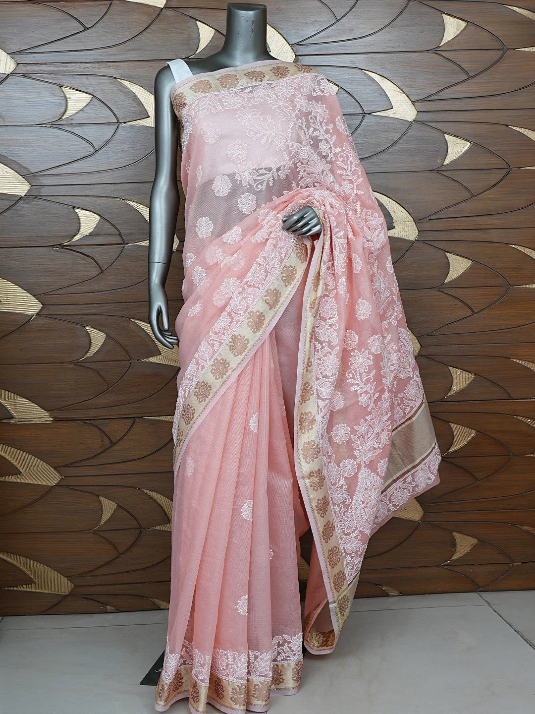 Ada Hand Embroidered Peach Chanderi Lucknowi Chikankari Saree With Blouse 01A857677