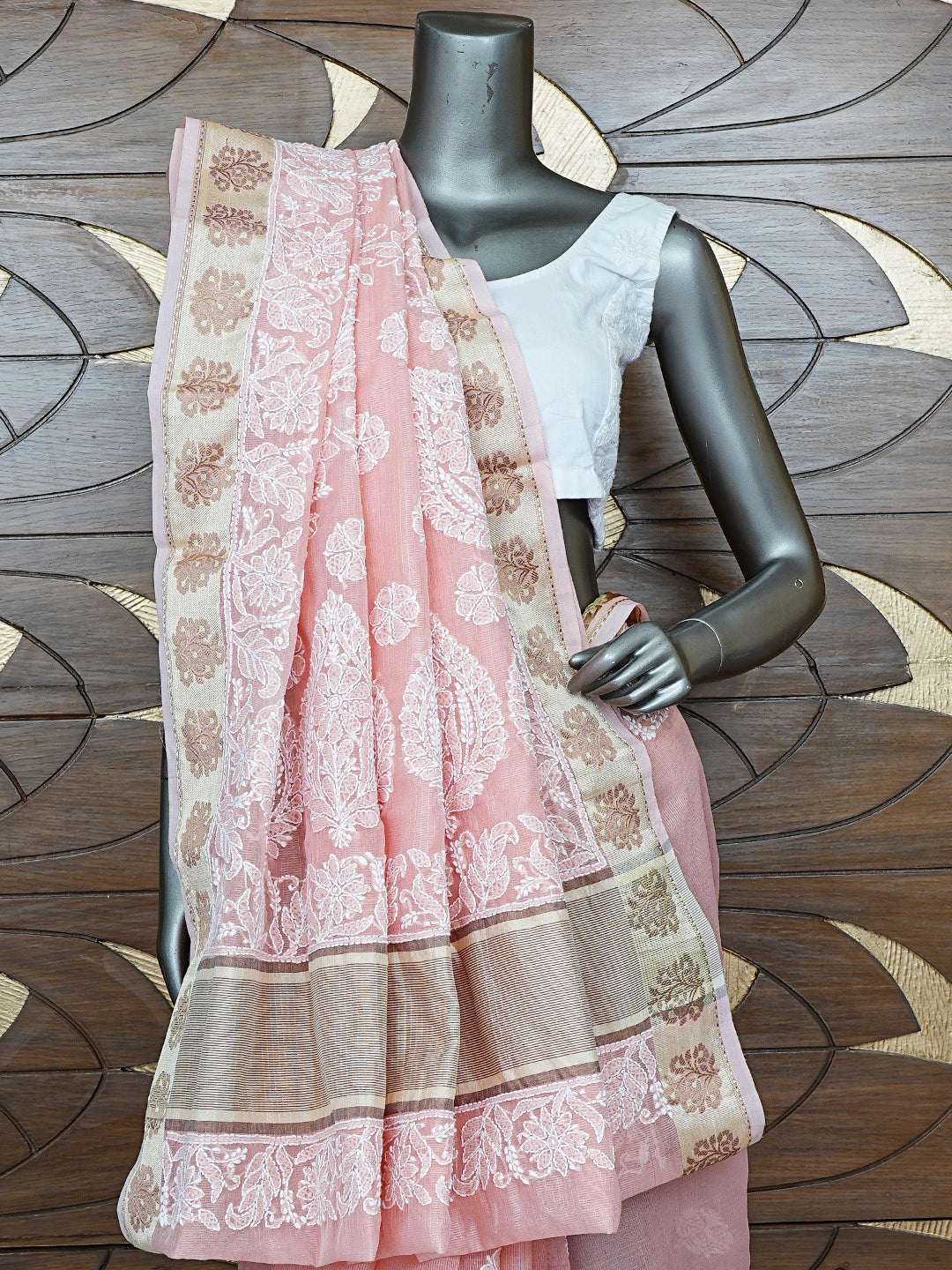 Ada Hand Embroidered Peach Chanderi Lucknowi Chikankari Saree With Blouse 01A857677