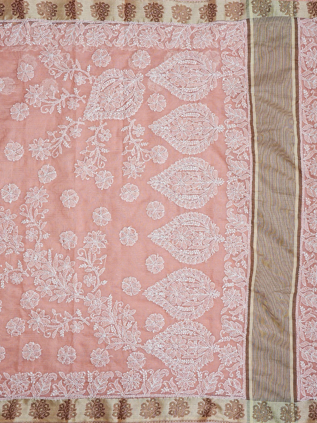 Ada Hand Embroidered Peach Chanderi Lucknowi Chikankari Saree With Blouse 01A857677