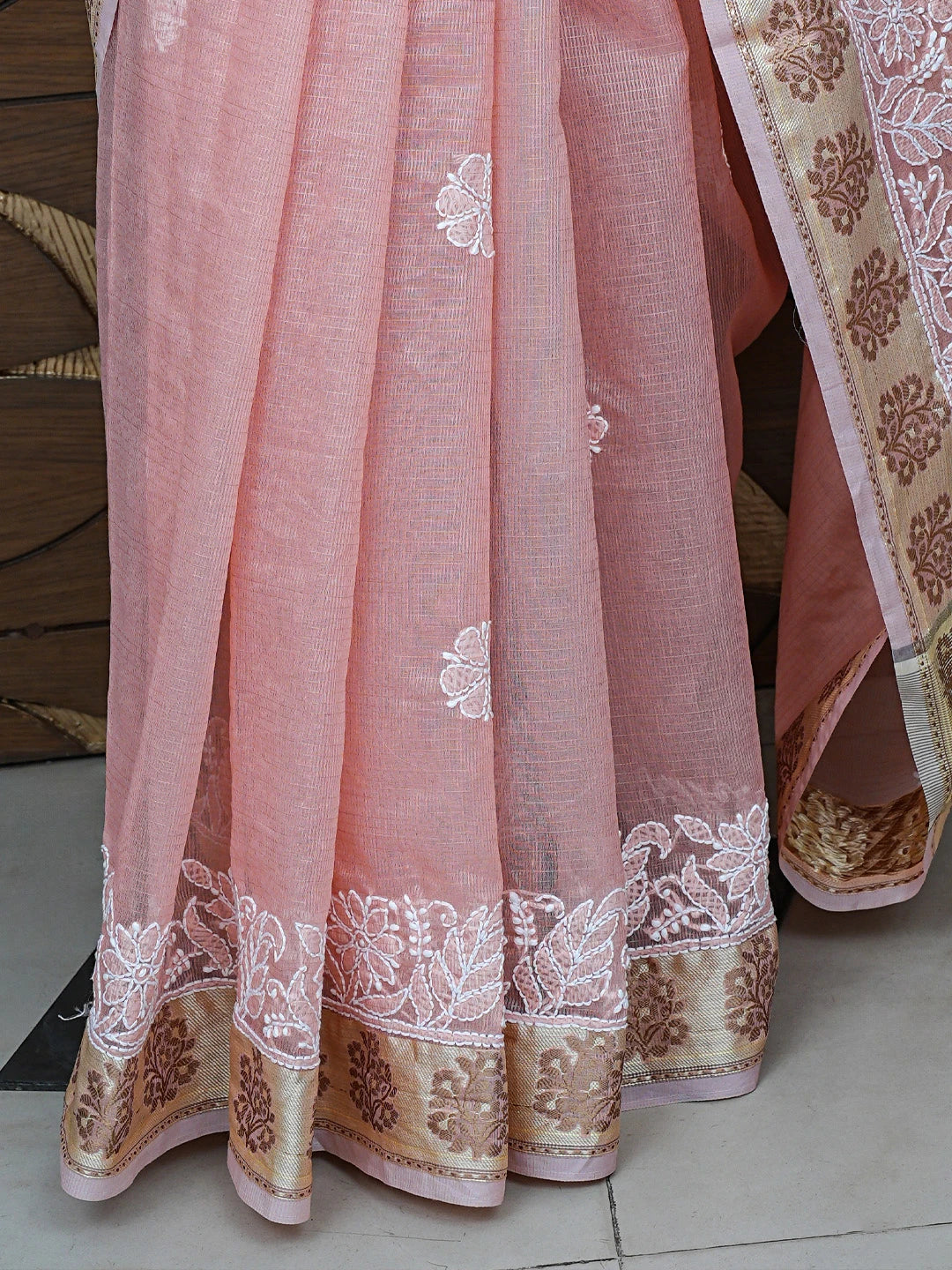 Ada Hand Embroidered Peach Chanderi Lucknowi Chikankari Saree With Blouse 01A857677