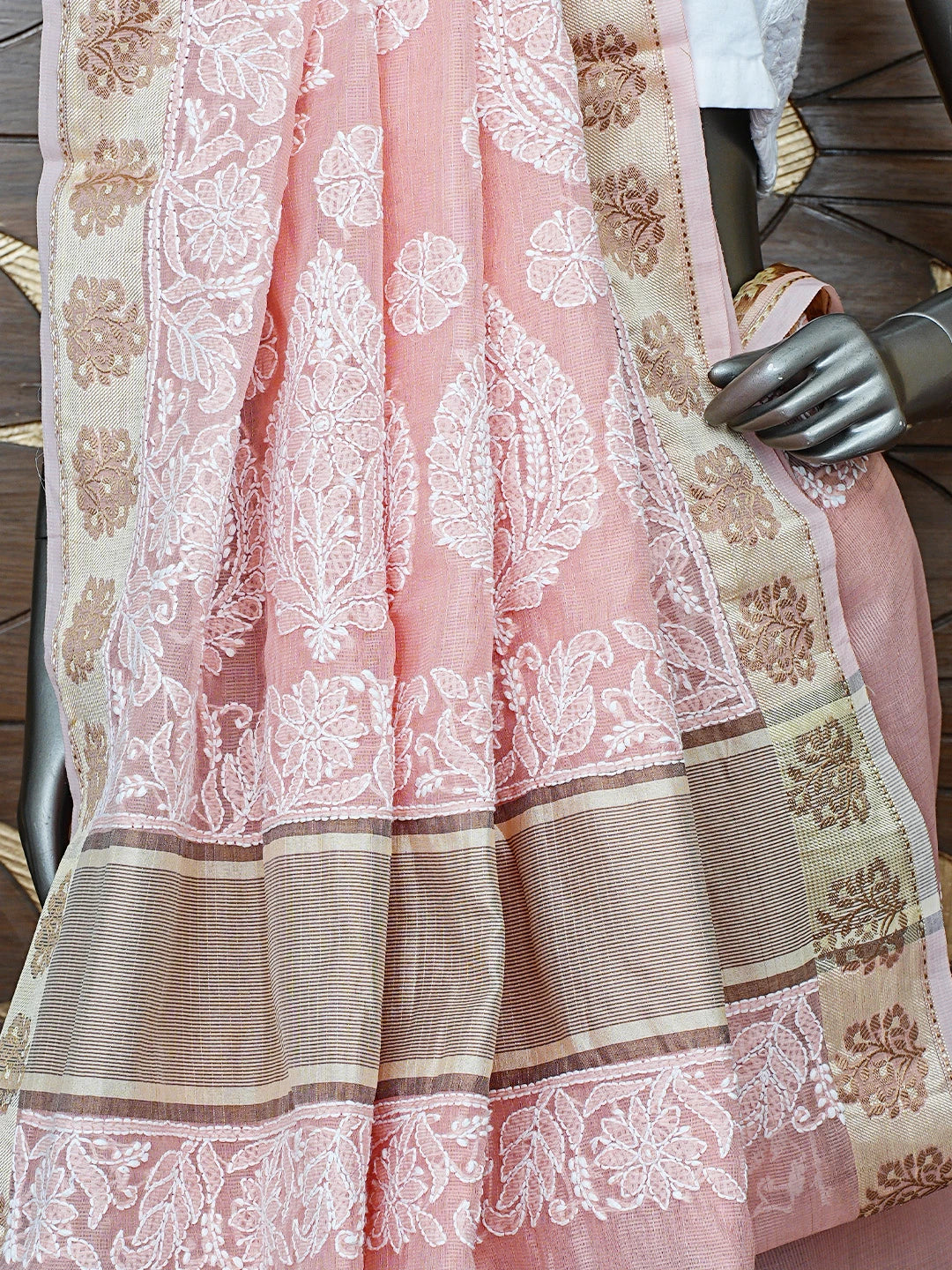 Ada Hand Embroidered Peach Chanderi Lucknowi Chikankari Saree With Blouse 01A857677