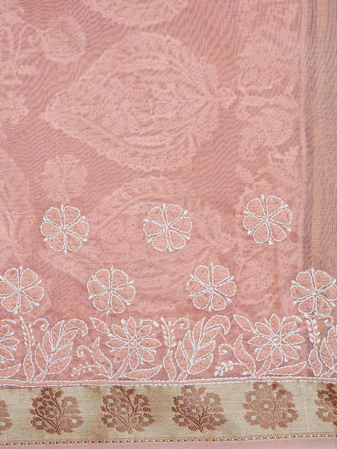 Ada Hand Embroidered Peach Chanderi Lucknowi Chikankari Saree With Blouse 01A857677
