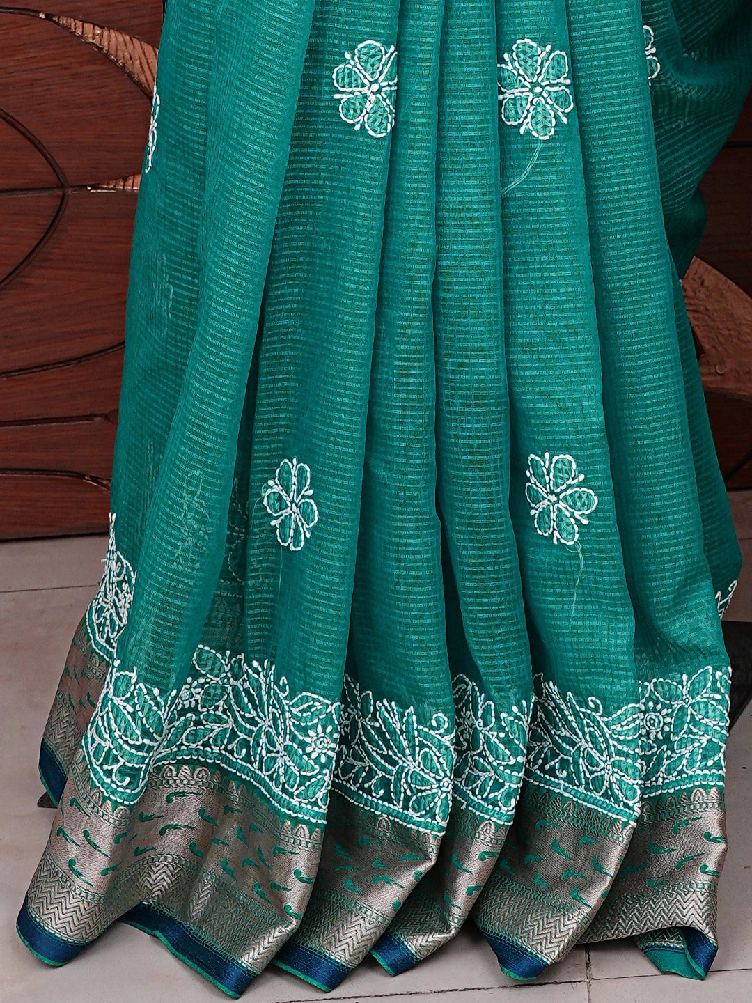 Ada Hand Embroidered Rama Green Chanderi Lucknowi Chikankari Saree With Blouse 01A857686