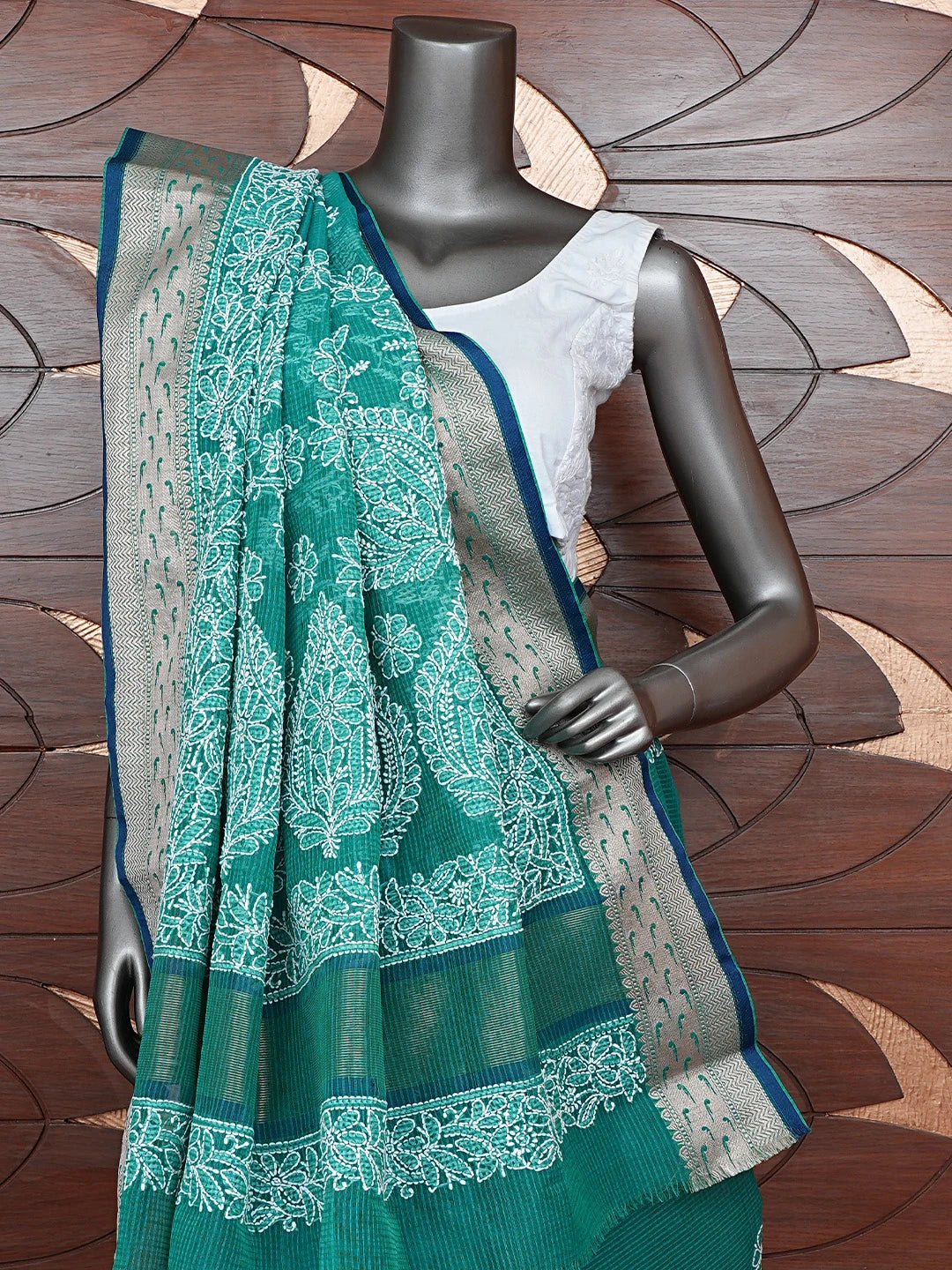 Ada Hand Embroidered Rama Green Chanderi Lucknowi Chikankari Saree With Blouse 01A857686