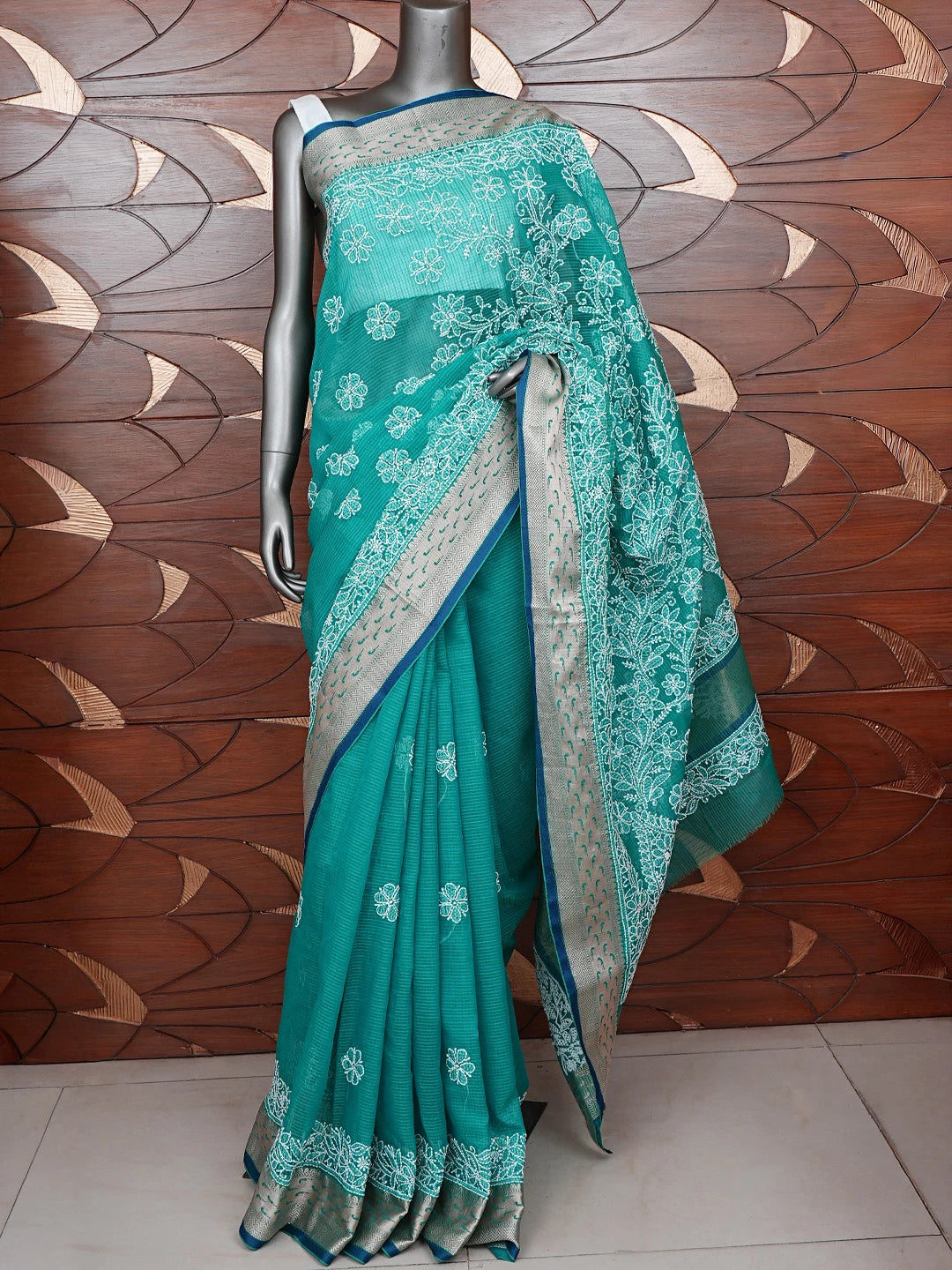 Ada Hand Embroidered Rama Green Chanderi Lucknowi Chikankari Saree With Blouse 01A857686