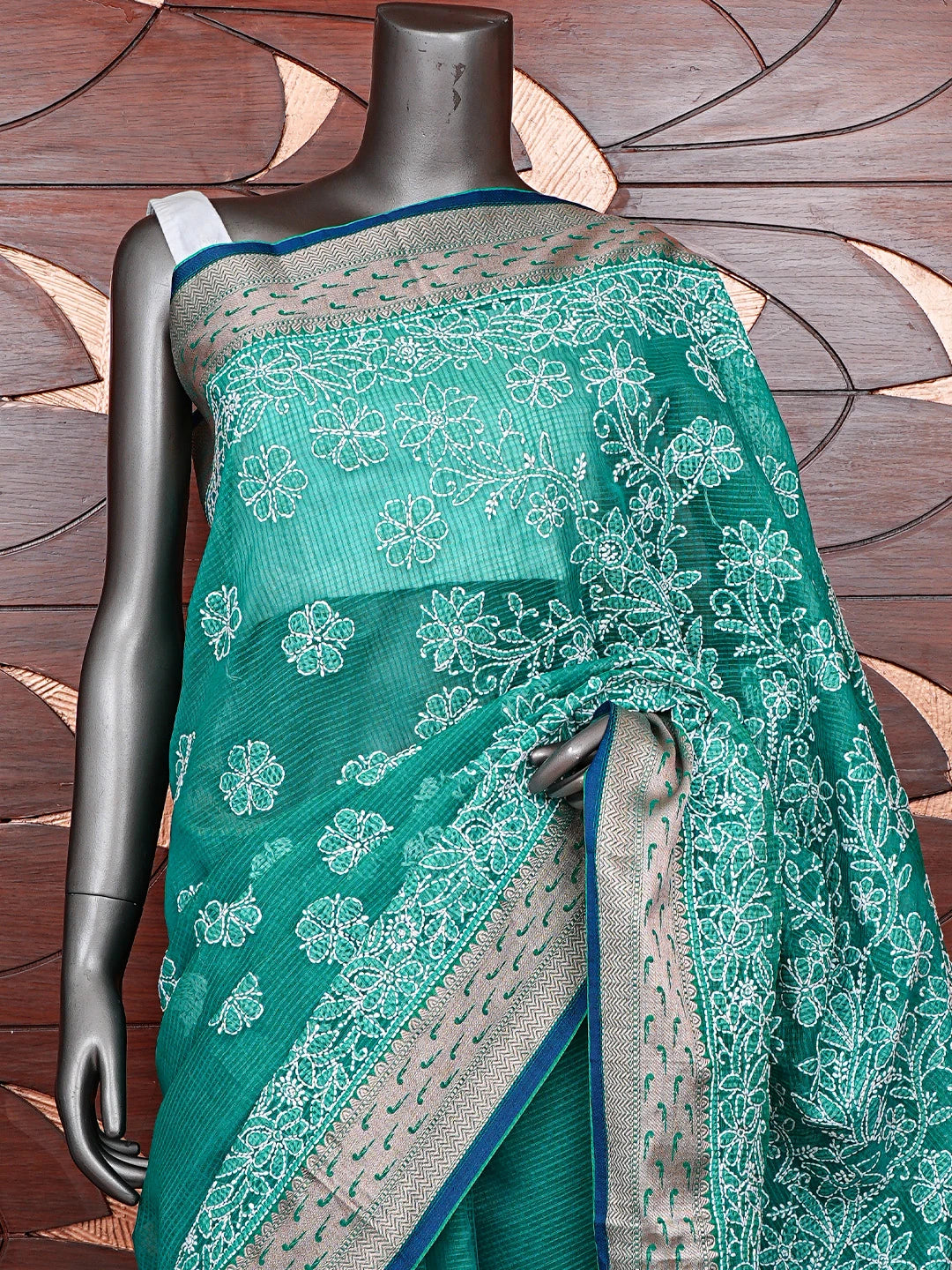 Ada Hand Embroidered Rama Green Chanderi Lucknowi Chikankari Saree With Blouse 01A857686