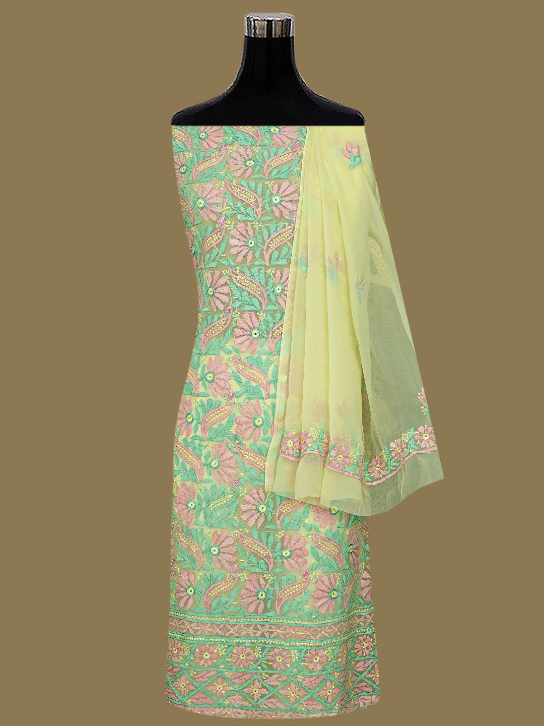 Ada Hand Embroidered Lemon Georgette Lucknowi Chikankari Unstitched Suit Piece 01A857213