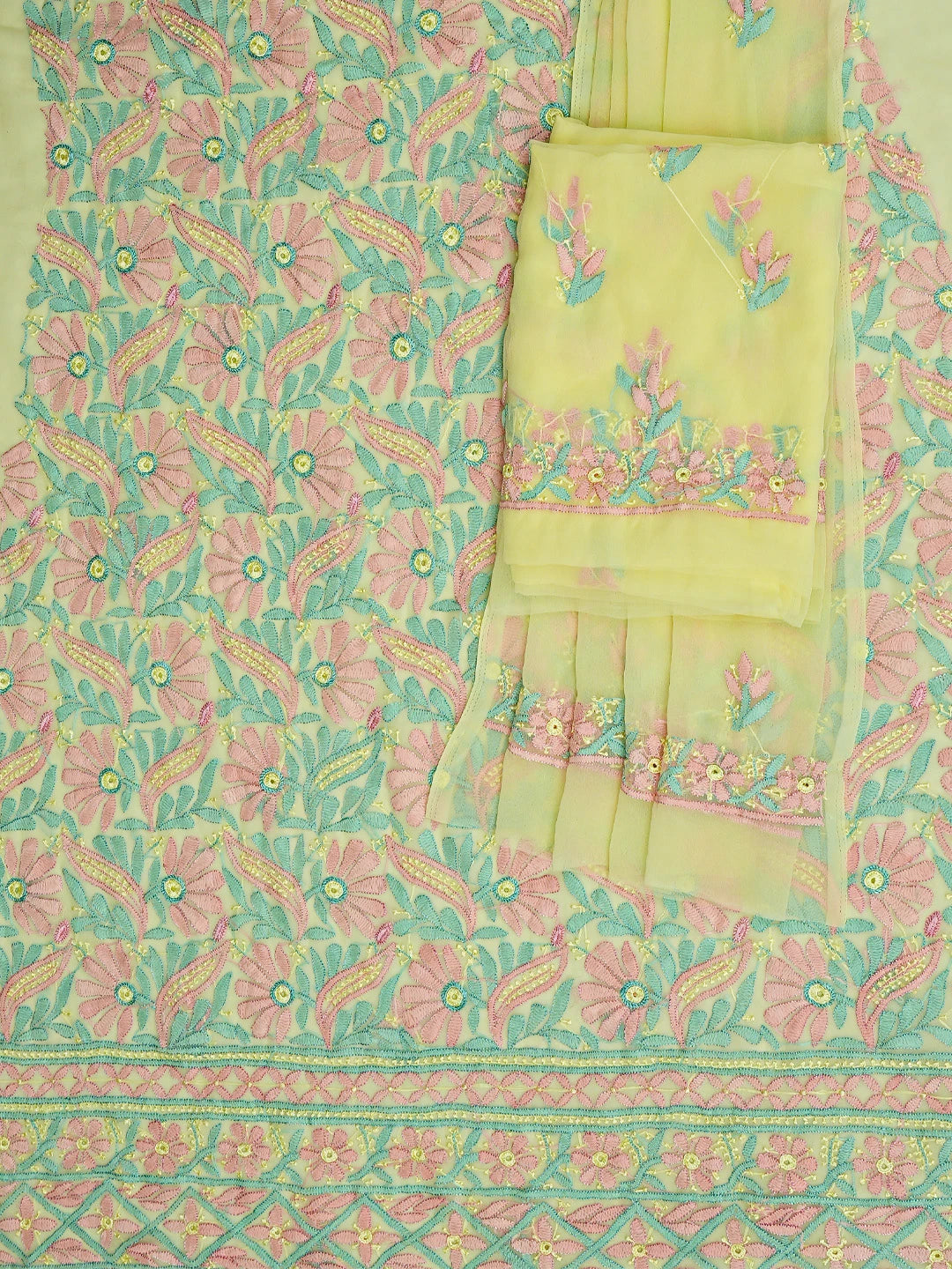 Ada Hand Embroidered Lemon Georgette Lucknowi Chikankari Unstitched Suit Piece 01A857213