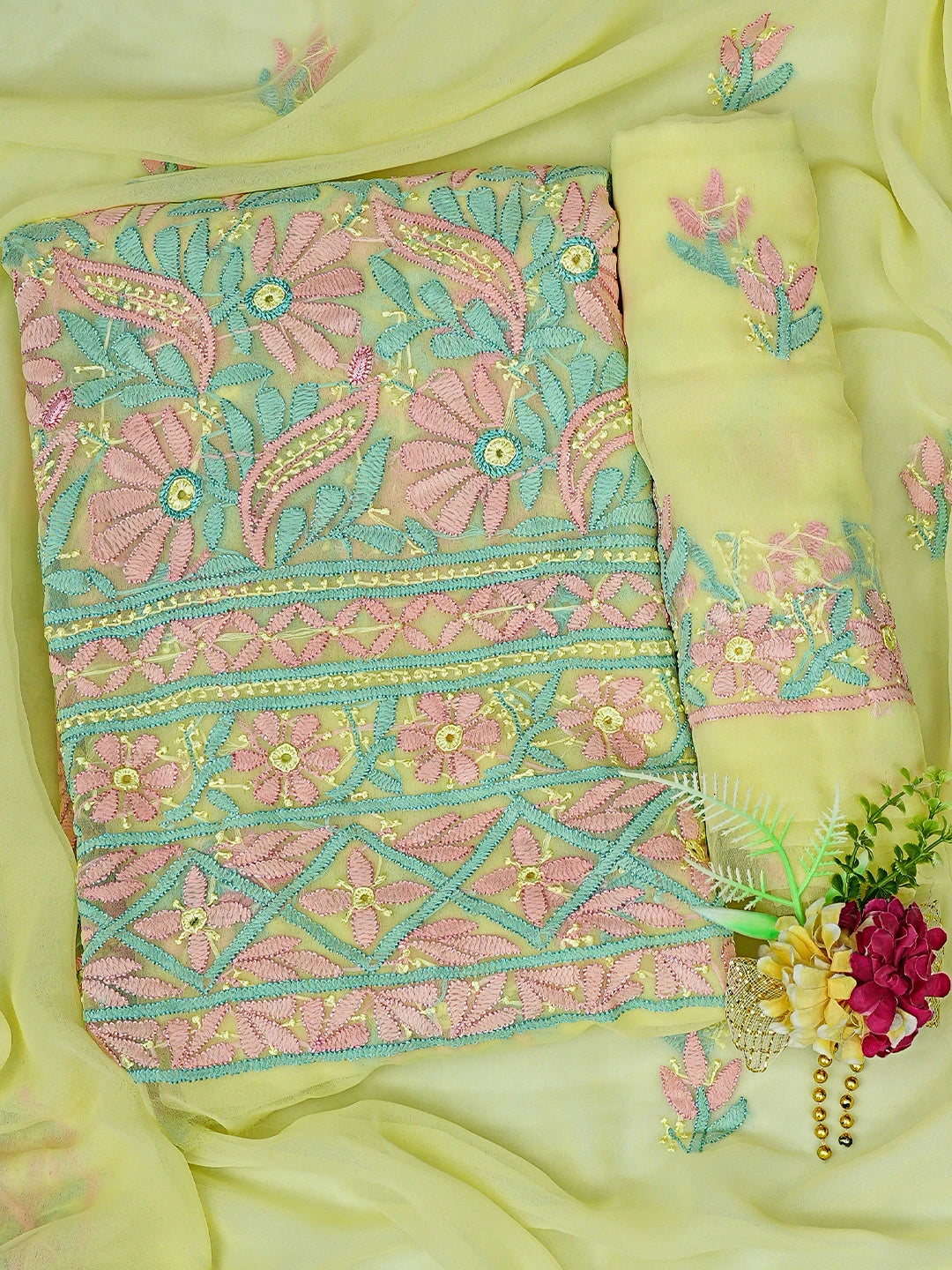 Ada Hand Embroidered Lemon Georgette Lucknowi Chikankari Unstitched Suit Piece 01A857213