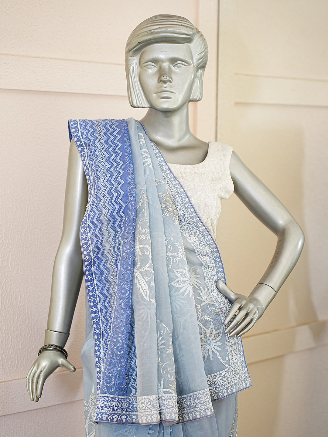 Ada Hand Embroidered Ombre Shade Of Blue Organza Lucknowi Chikankari Saree and Blouse With Pearl Work 01A401413