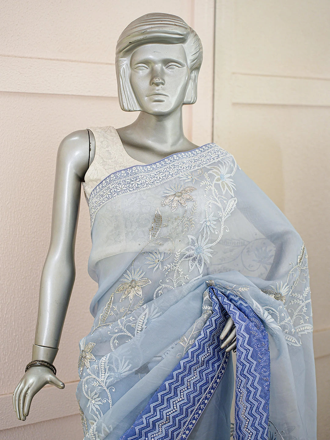 Ada Hand Embroidered Ombre Shade Of Blue Organza Lucknowi Chikankari Saree and Blouse With Pearl Work 01A401413