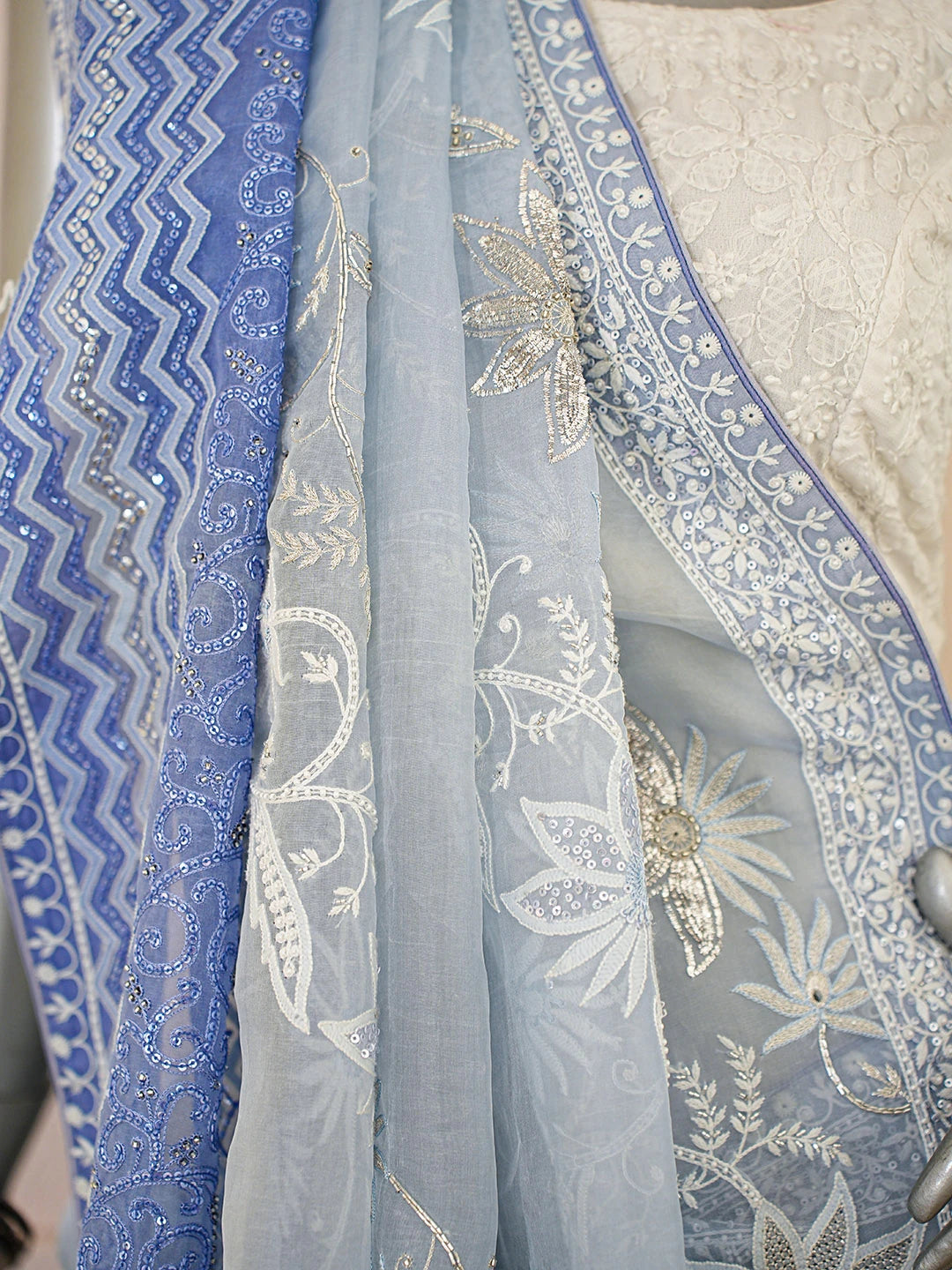 Ada Hand Embroidered Ombre Shade Of Blue Organza Lucknowi Chikankari Saree and Blouse With Pearl Work 01A401413