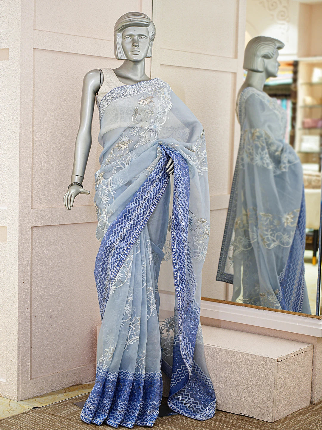 Ada Hand Embroidered Ombre Shade Of Blue Organza Lucknowi Chikankari Saree and Blouse With Pearl Work 01A401413