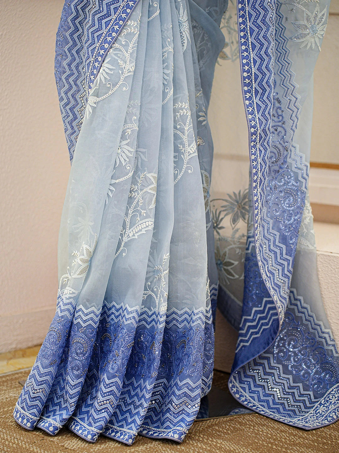 Ada Hand Embroidered Ombre Shade Of Blue Organza Lucknowi Chikankari Saree and Blouse With Pearl Work 01A401413