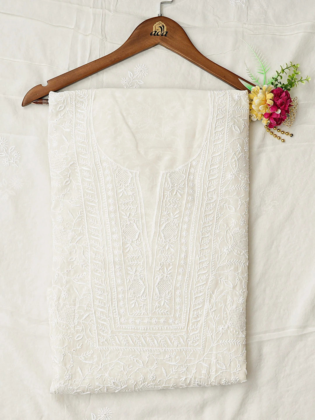 Ada Hand Embroidered White Pure Georgette Lucknowi Chikankari Unstitched Kurta Dupatta Set 01A856626