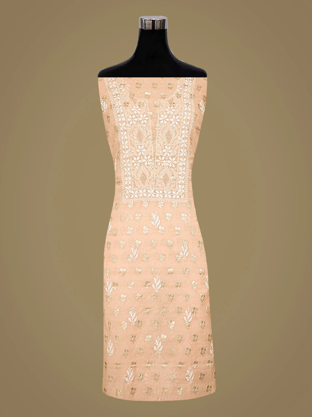 Ada Hand Embroidered Light Peach Chanderi Lucknowi Chikankari Unstitched Kurta Dupatta Set 01A722387
