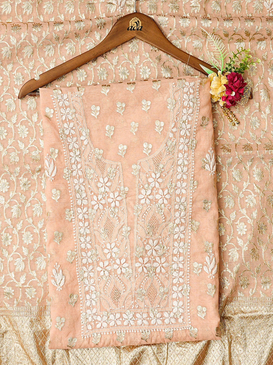 Ada Hand Embroidered Light Peach Chanderi Lucknowi Chikankari Unstitched Kurta Dupatta Set 01A722387