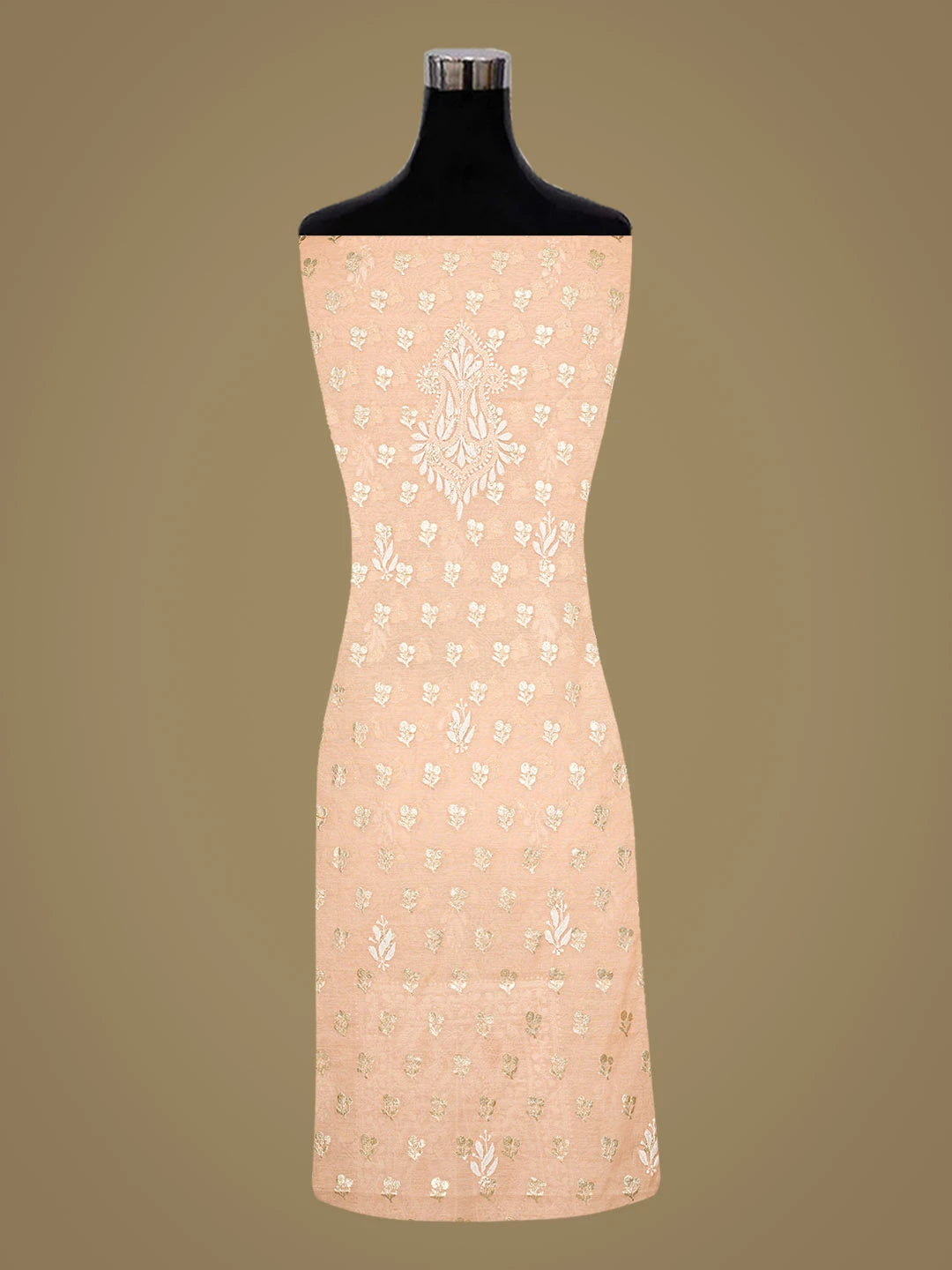 Ada Hand Embroidered Light Peach Chanderi Lucknowi Chikankari Unstitched Kurta Dupatta Set 01A722387