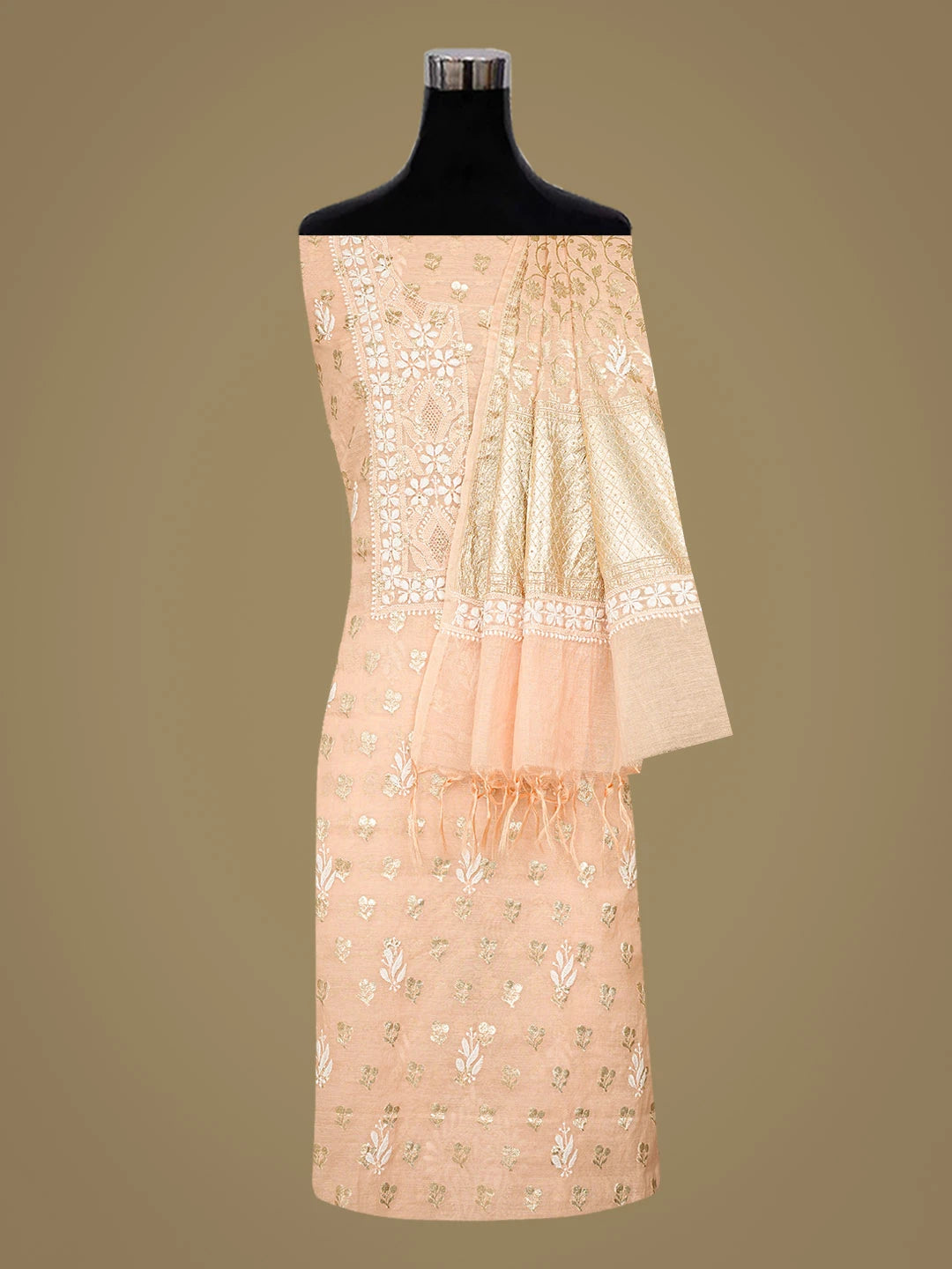 Ada Hand Embroidered Light Peach Chanderi Lucknowi Chikankari Unstitched Kurta Dupatta Set 01A722387