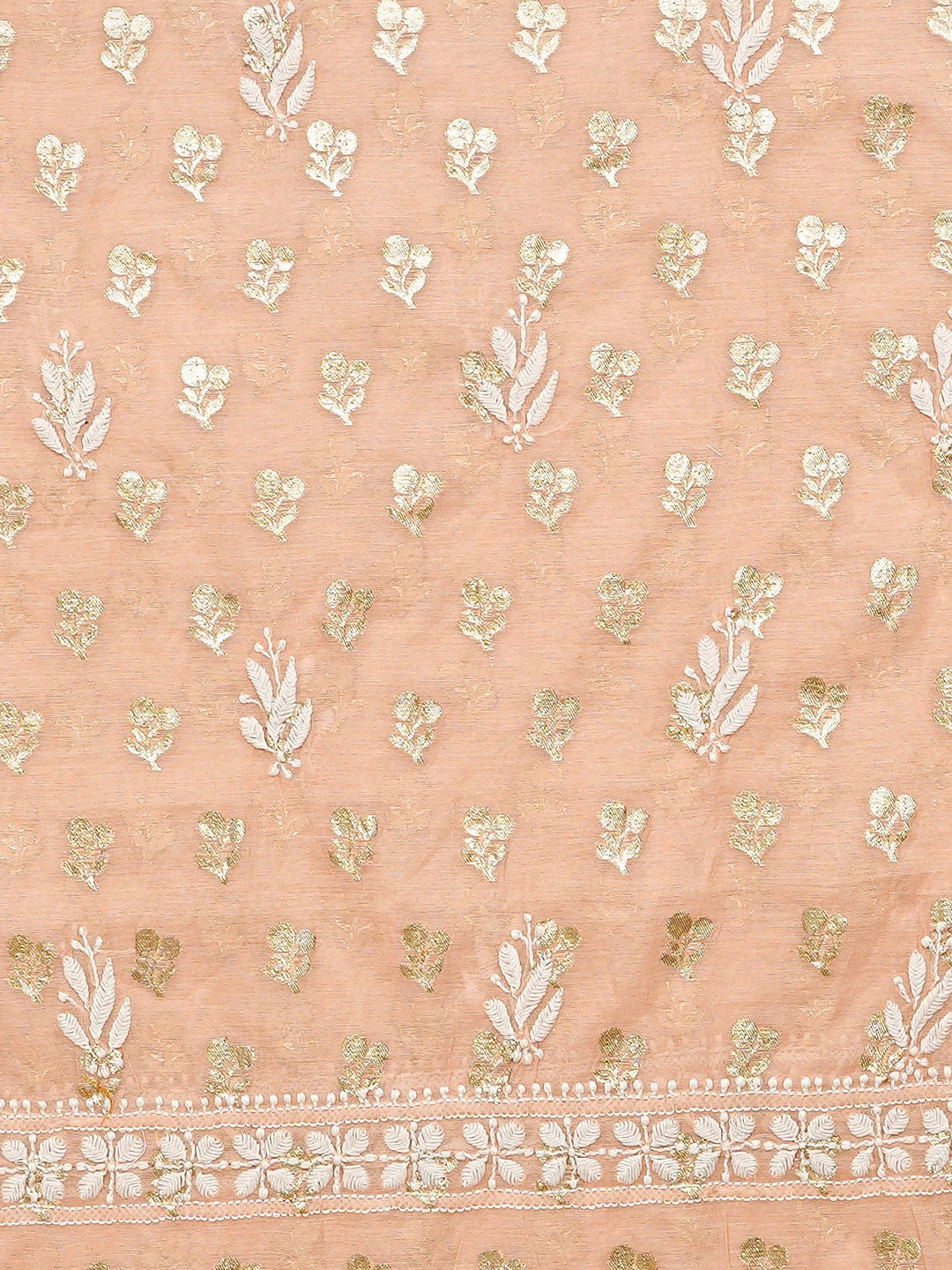 Ada Hand Embroidered Light Peach Chanderi Lucknowi Chikankari Unstitched Kurta Dupatta Set 01A722387