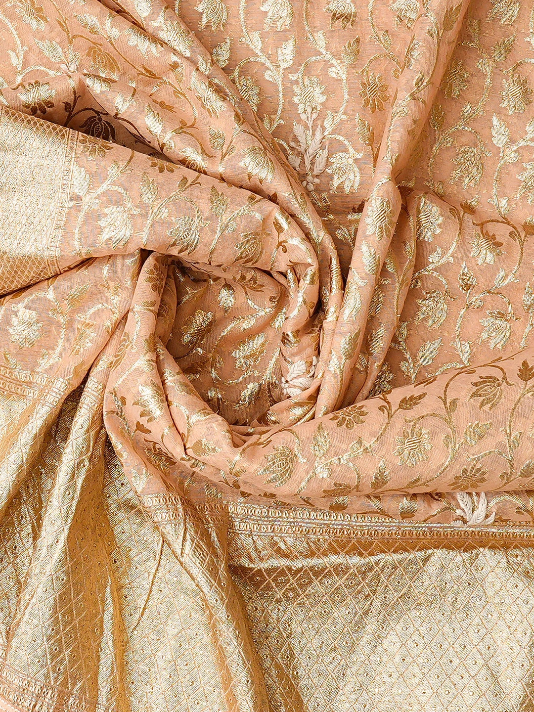 Ada Hand Embroidered Light Peach Chanderi Lucknowi Chikankari Unstitched Kurta Dupatta Set 01A722387