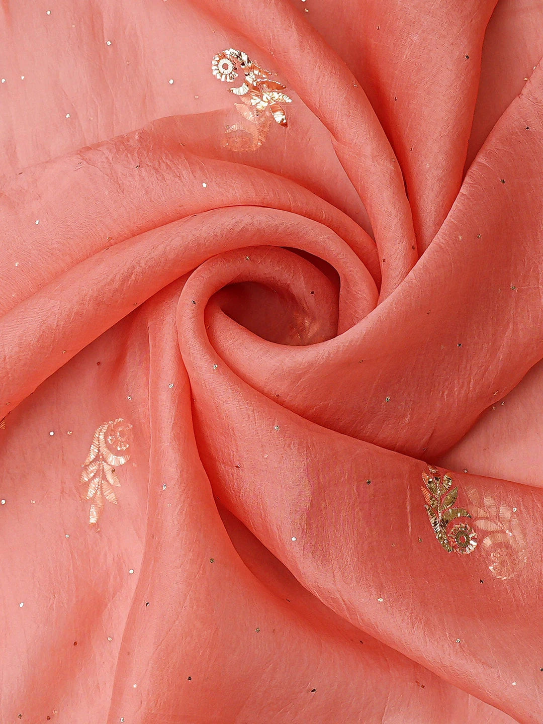 Ada Hand Embroidered Peach Organza Lucknowi Chikankari Unstitched Kurta Dupatta Set With Mukaish Work 01A846312