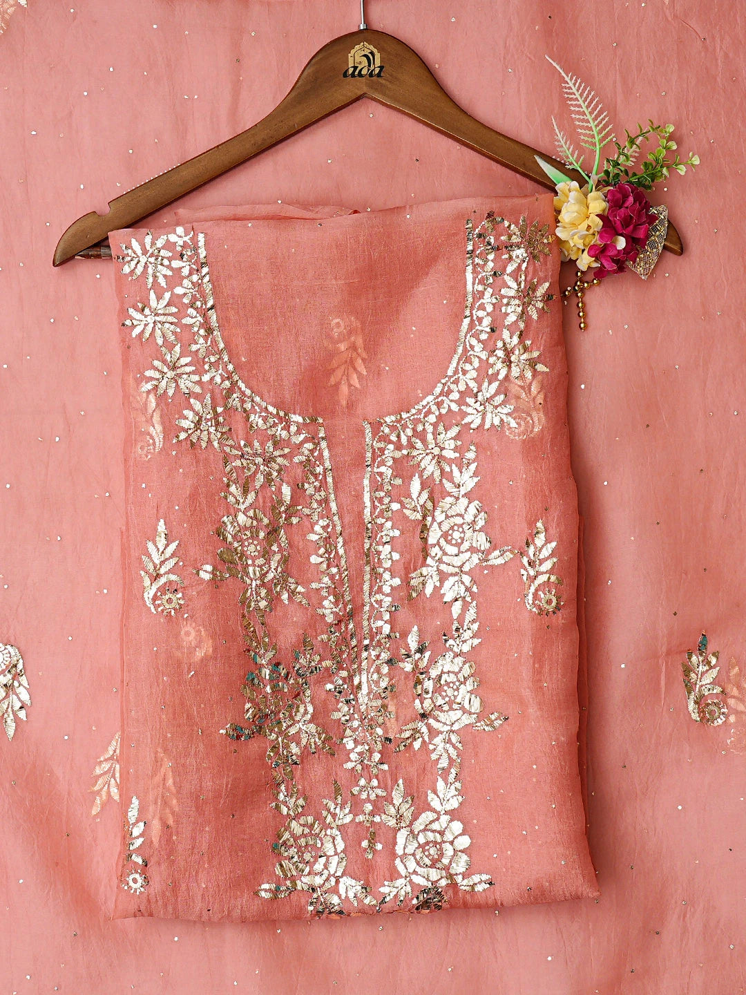 Ada Hand Embroidered Peach Organza Lucknowi Chikankari Unstitched Kurta Dupatta Set With Mukaish Work 01A846312