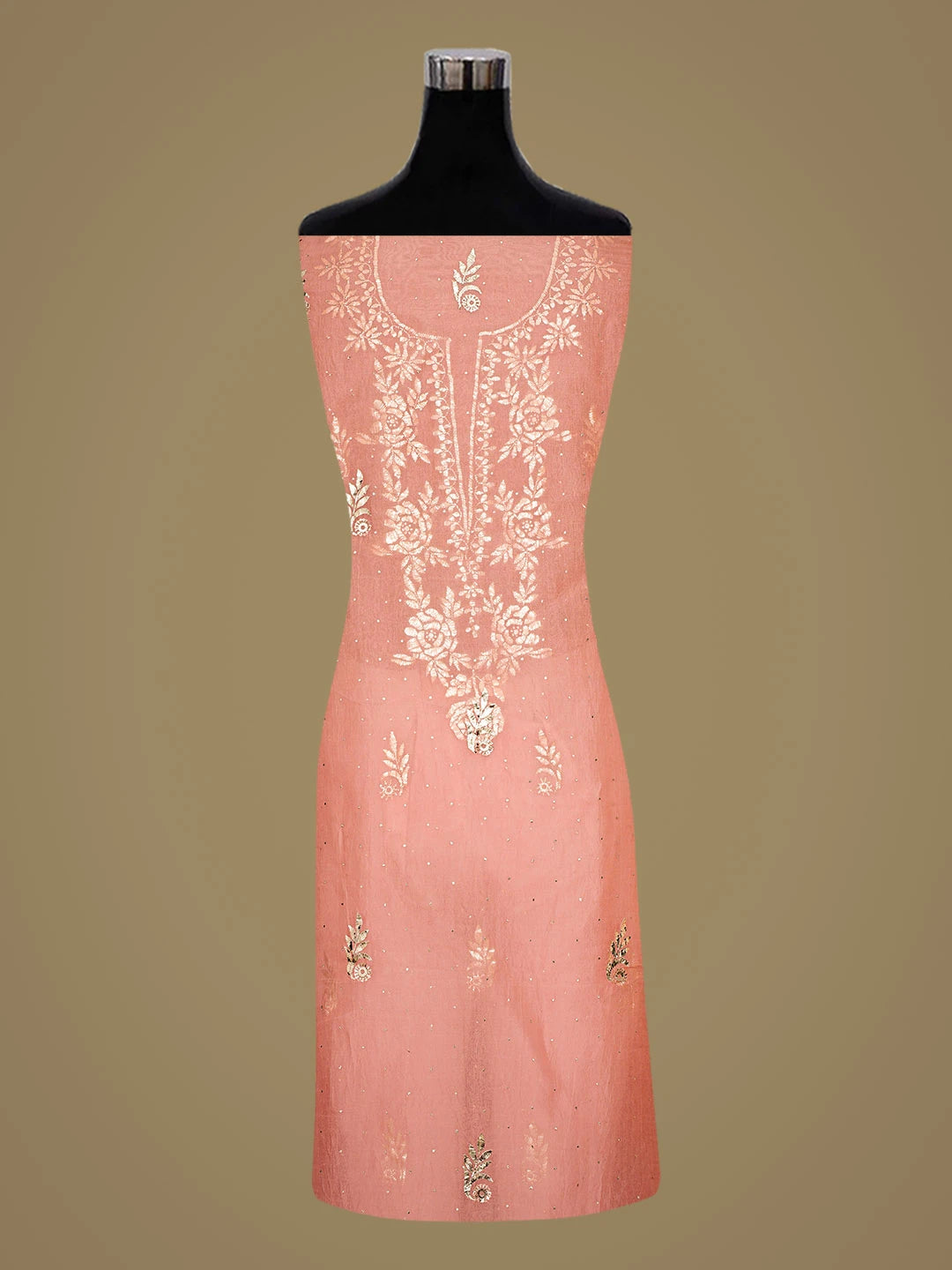 Ada Hand Embroidered Peach Organza Lucknowi Chikankari Unstitched Kurta Dupatta Set With Mukaish Work 01A846312