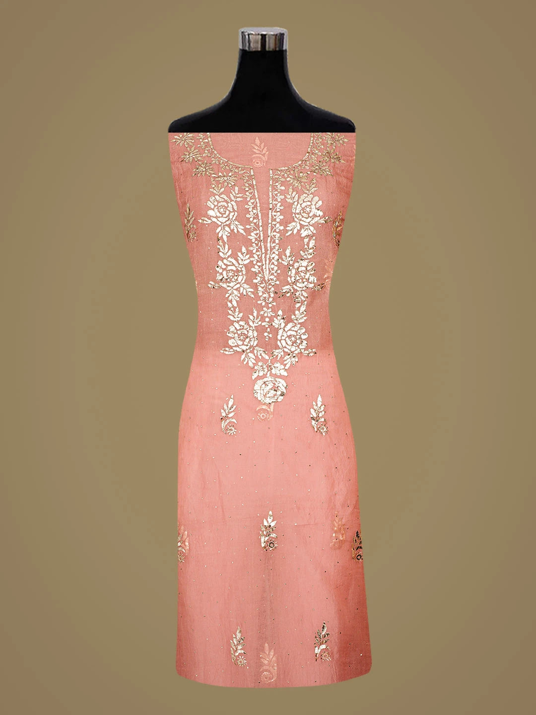 Ada Hand Embroidered Peach Organza Lucknowi Chikankari Unstitched Kurta Dupatta Set With Mukaish Work 01A846312