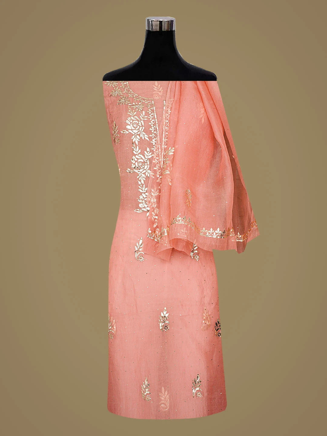 Ada Hand Embroidered Peach Organza Lucknowi Chikankari Unstitched Kurta Dupatta Set With Mukaish Work 01A846312