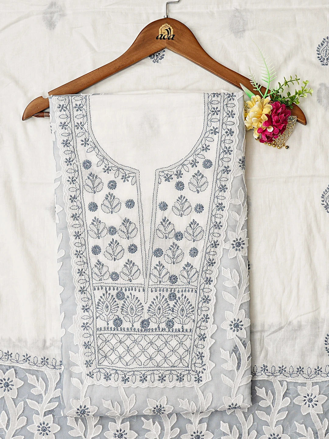 Ada Hand Embroidered White Cotton Lucknowi Chikankari Unstitched Kurta Dupatta Set 01A847339