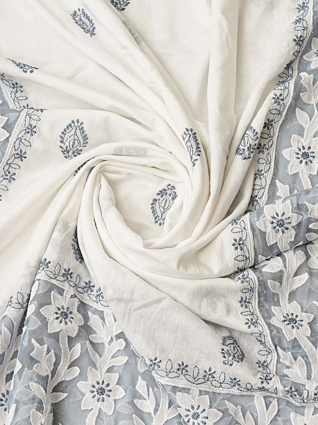 Ada Hand Embroidered White Cotton Lucknowi Chikankari Unstitched Kurta Dupatta Set 01A847339