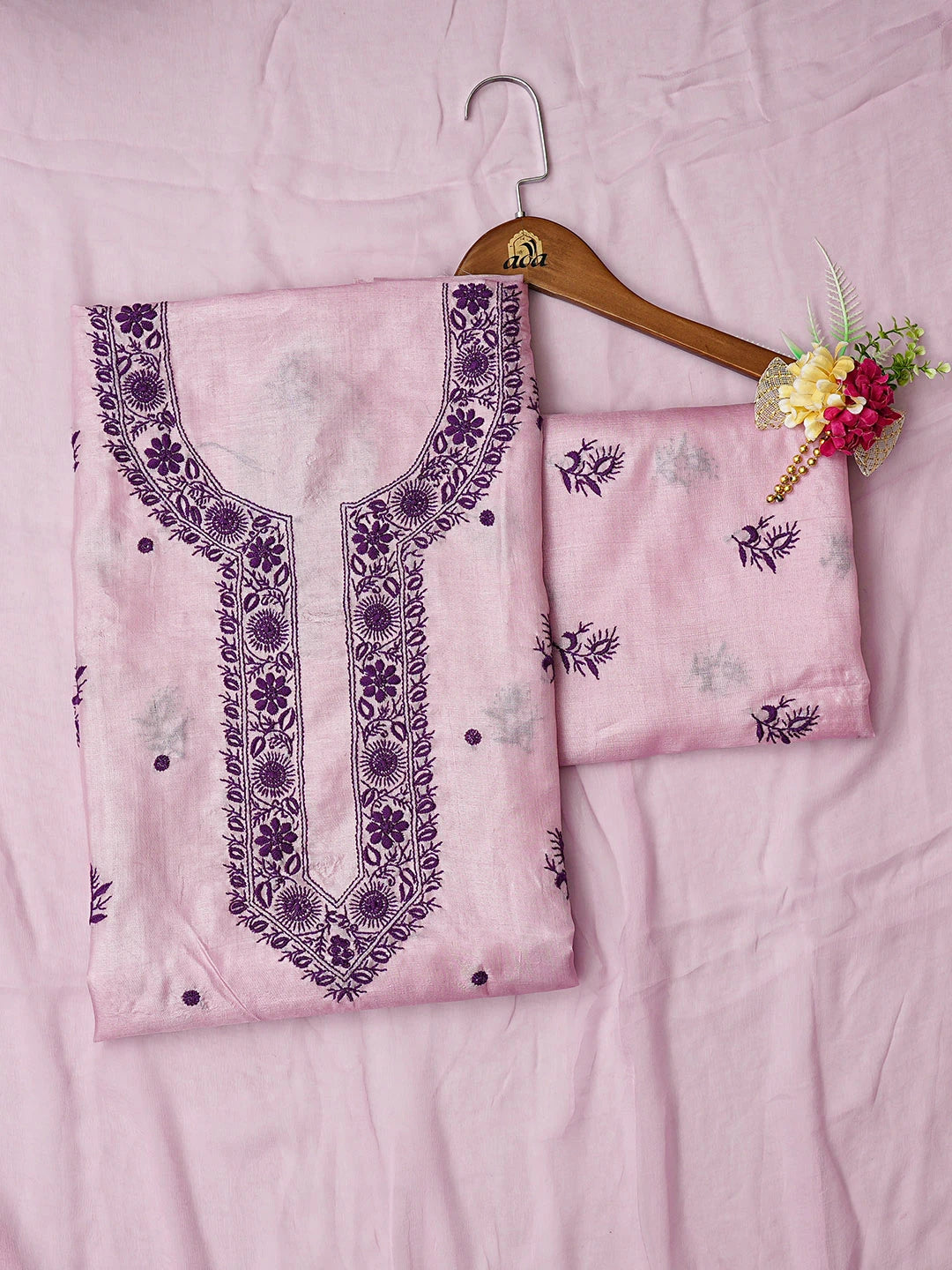 Ada Hand Embroidered Pink Silk Lucknowi Chikankari Unstitched Suit Piece 01A815910
