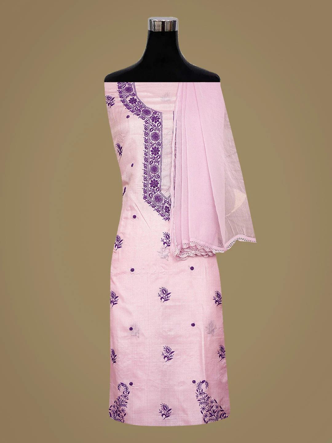 Ada Hand Embroidered Pink Silk Lucknowi Chikankari Unstitched Suit Piece 01A815910