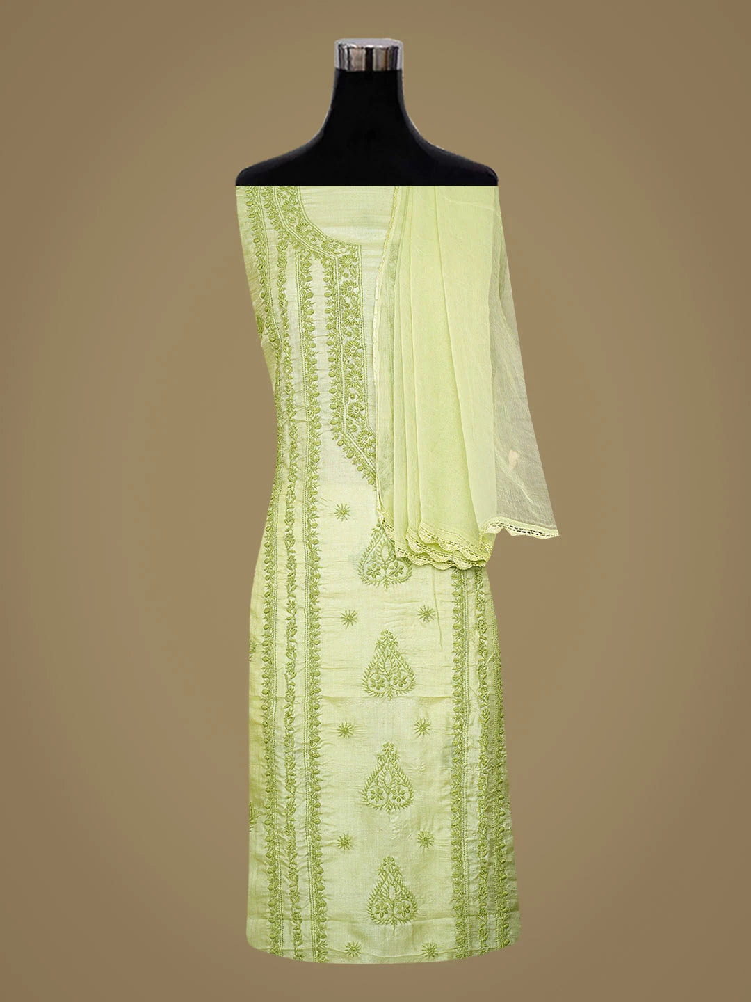 Ada Hand Embroidered Green Silk Lucknowi Chikankari Unstitched Suit Piece 01A816005