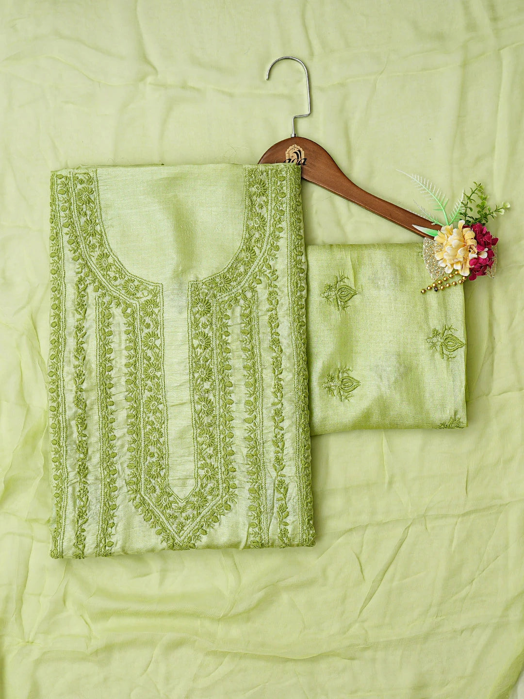 Ada Hand Embroidered Green Silk Lucknowi Chikankari Unstitched Suit Piece 01A816005