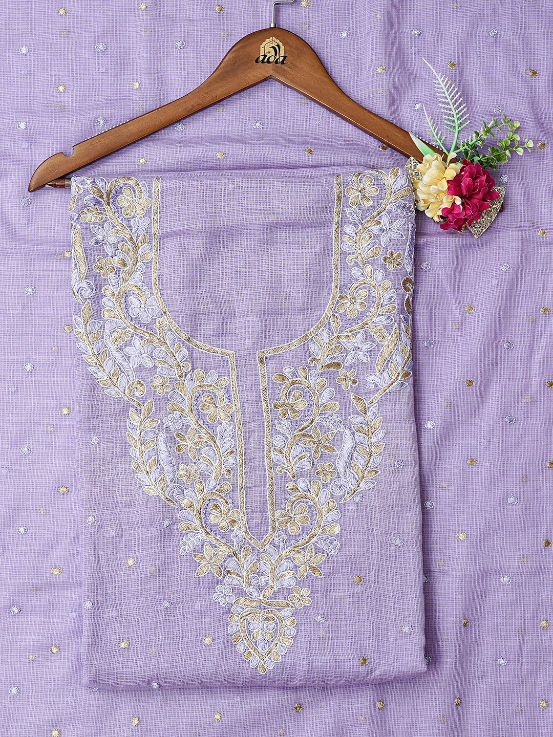 Ada Hand Embroidered Mauve Kota Lucknowi Chikankari Unstitched Kurta Dupatta Set With Zari Work 01A220986