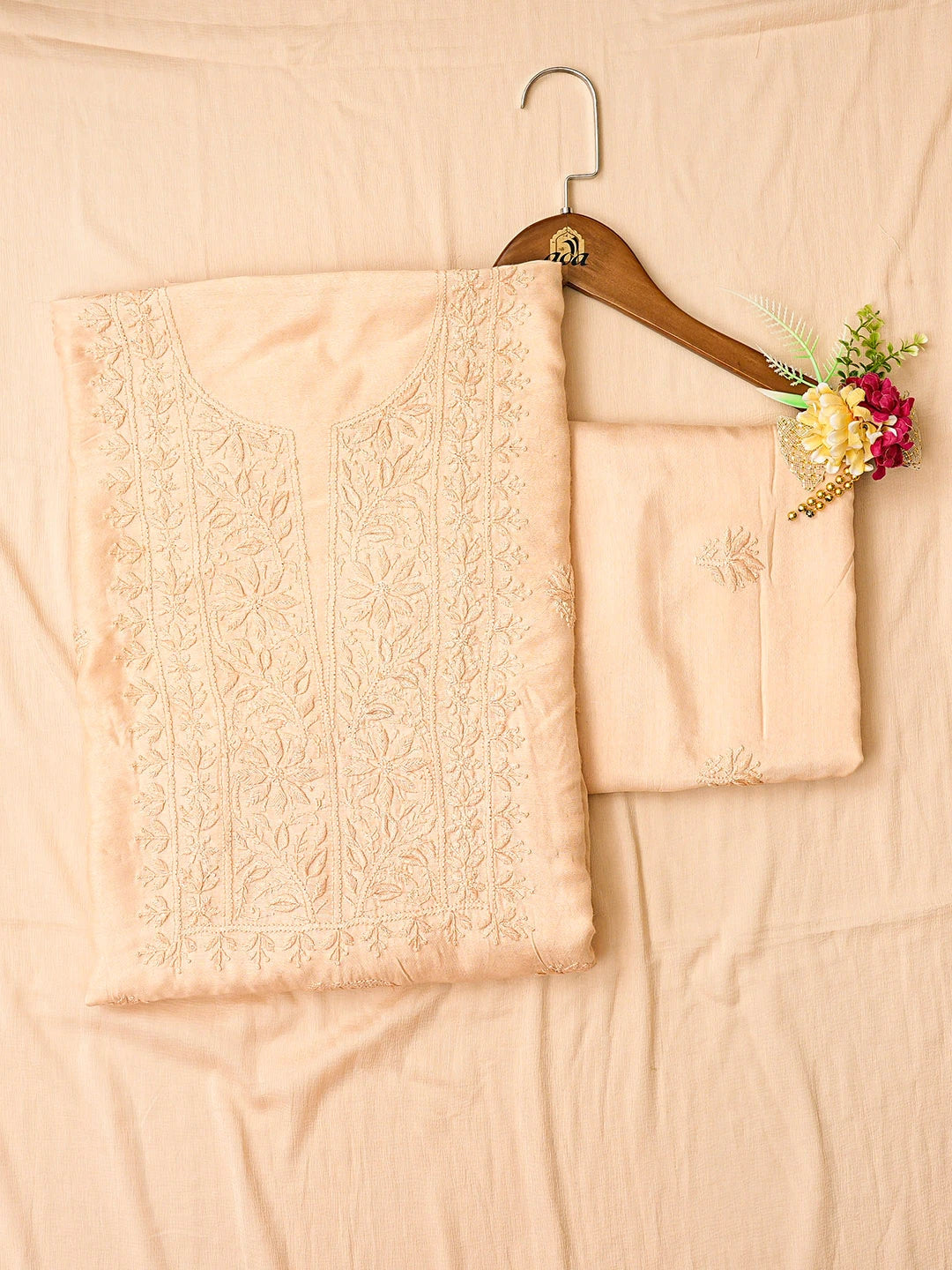 Ada Hand Embroidered Peach Muslin Lucknowi Chikankari Unstitched Suit Piece 01A789293