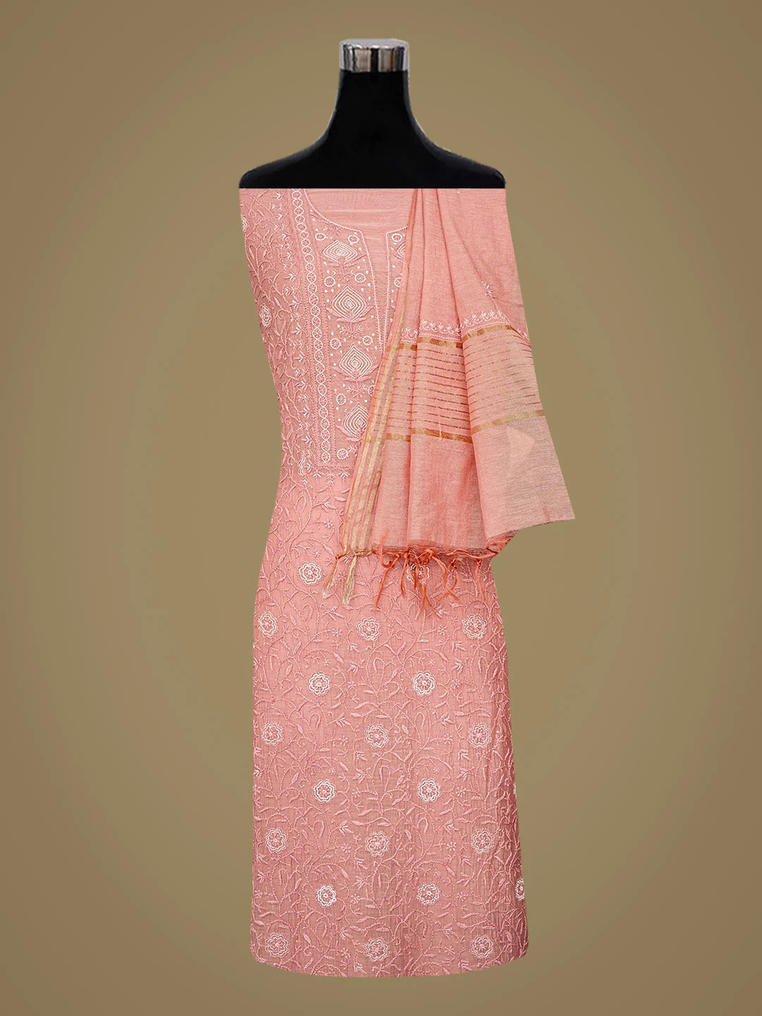 Ada Hand Embroidered Dusty Peach Chanderi Lucknowi Chikankari Unstitched Kurta Dupatta Set With Cutdana Work 01A800041