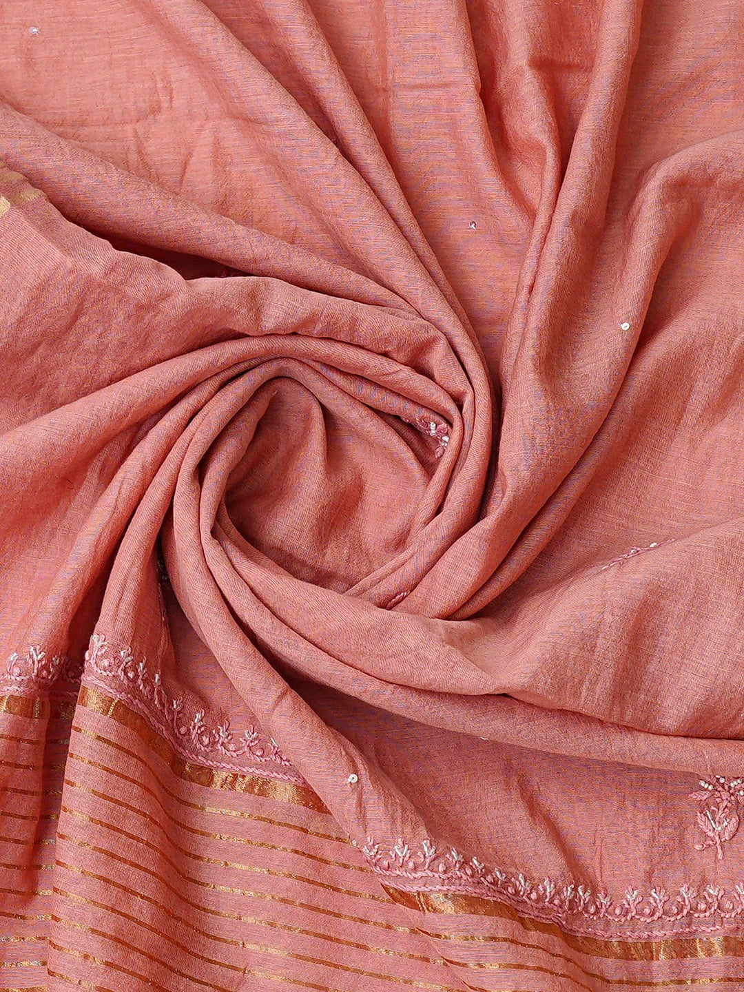 Ada Hand Embroidered Dusty Peach Chanderi Lucknowi Chikankari Unstitched Kurta Dupatta Set With Cutdana Work 01A800041
