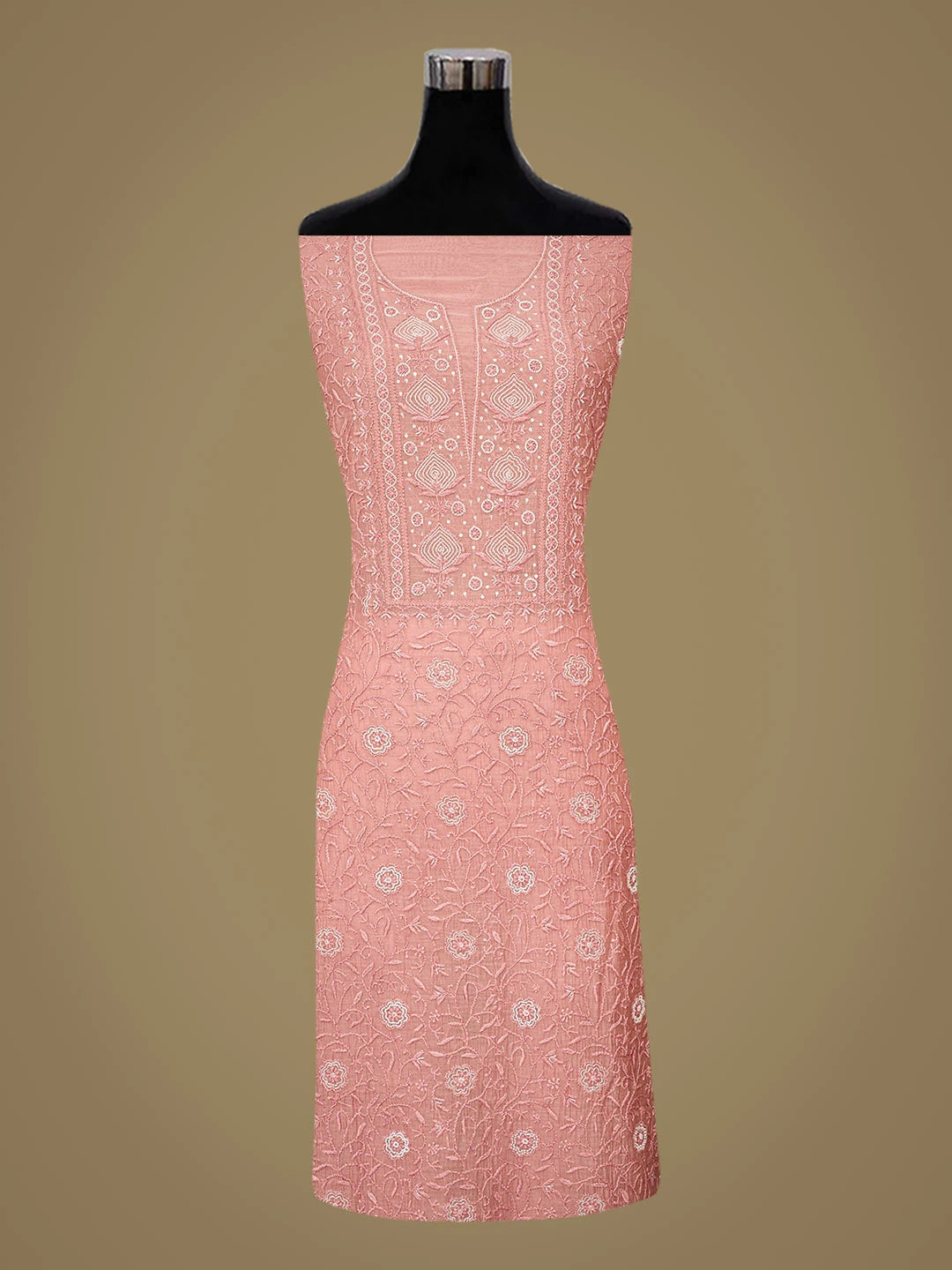 Ada Hand Embroidered Dusty Peach Chanderi Lucknowi Chikankari Unstitched Kurta Dupatta Set With Cutdana Work 01A800041