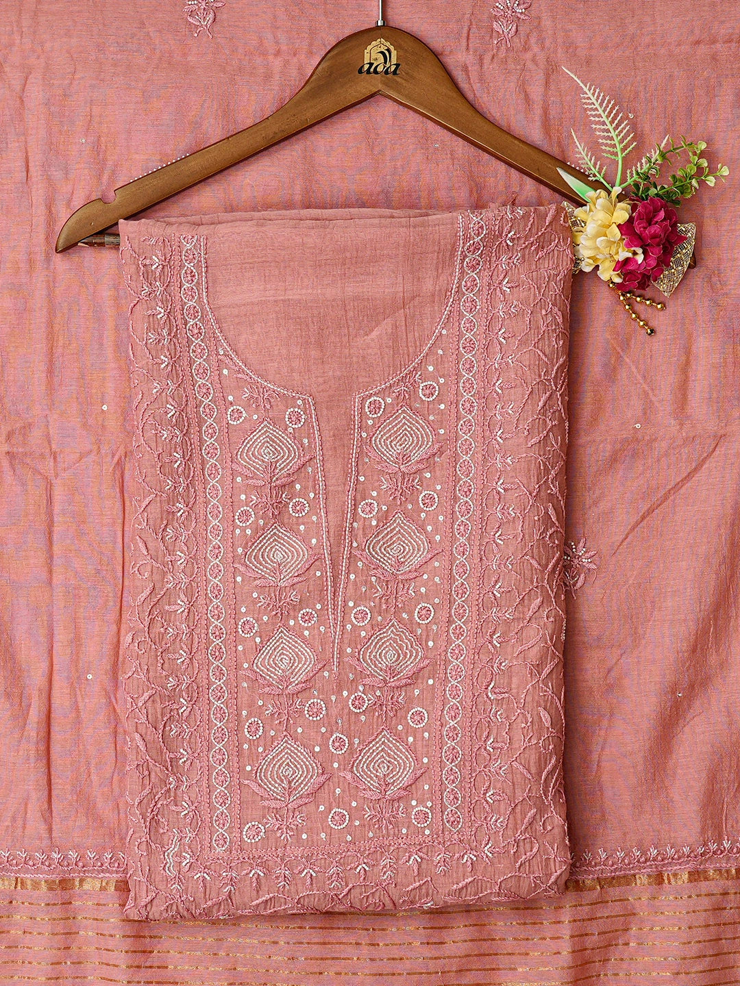Ada Hand Embroidered Dusty Peach Chanderi Lucknowi Chikankari Unstitched Kurta Dupatta Set With Cutdana Work 01A800041