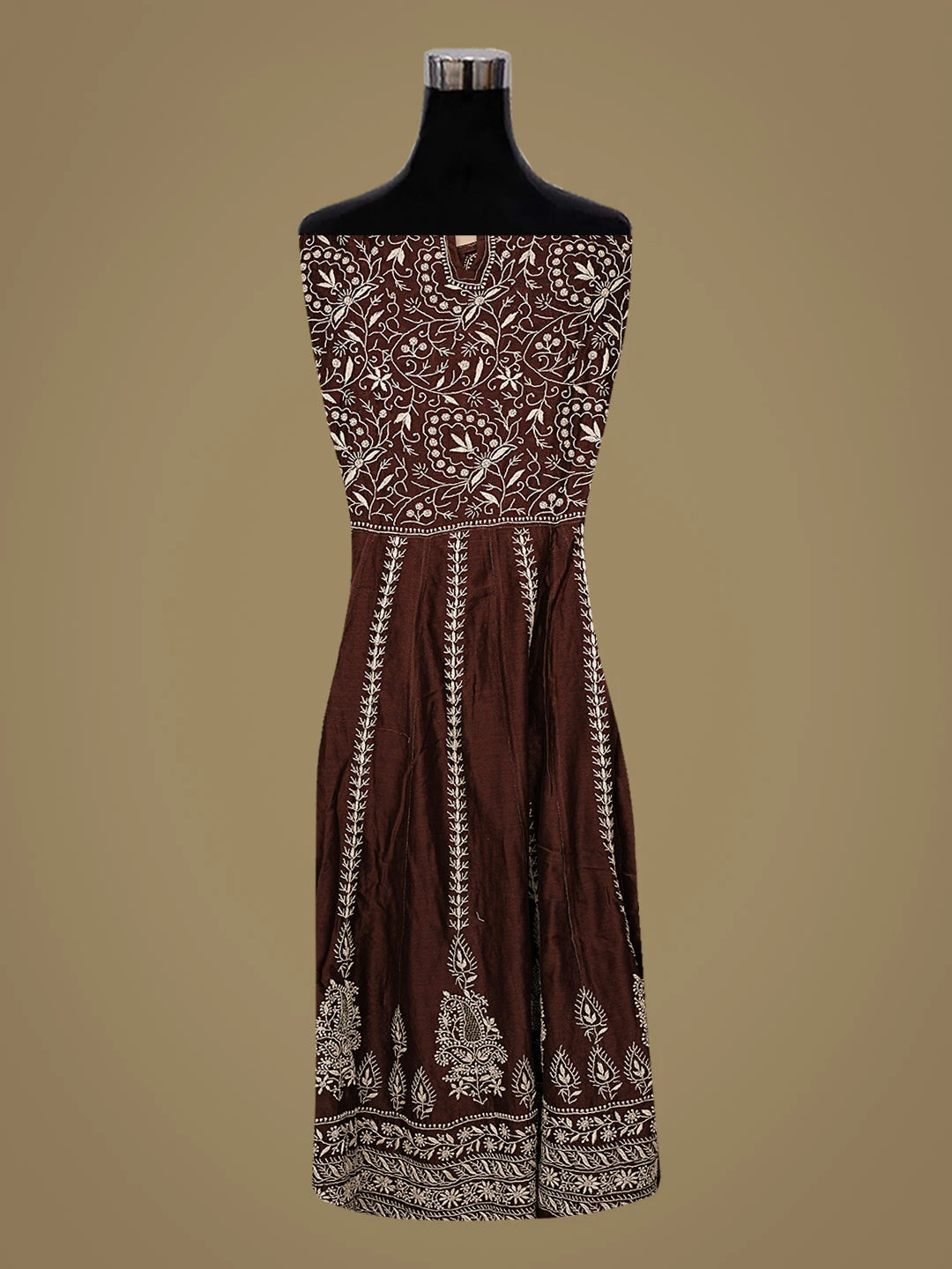 Ada Hand Embroidered Brown Chanderi Lucknowi Chikankari Semi-Stitched Kurta Dupatta Set With Zari Work 01A264074